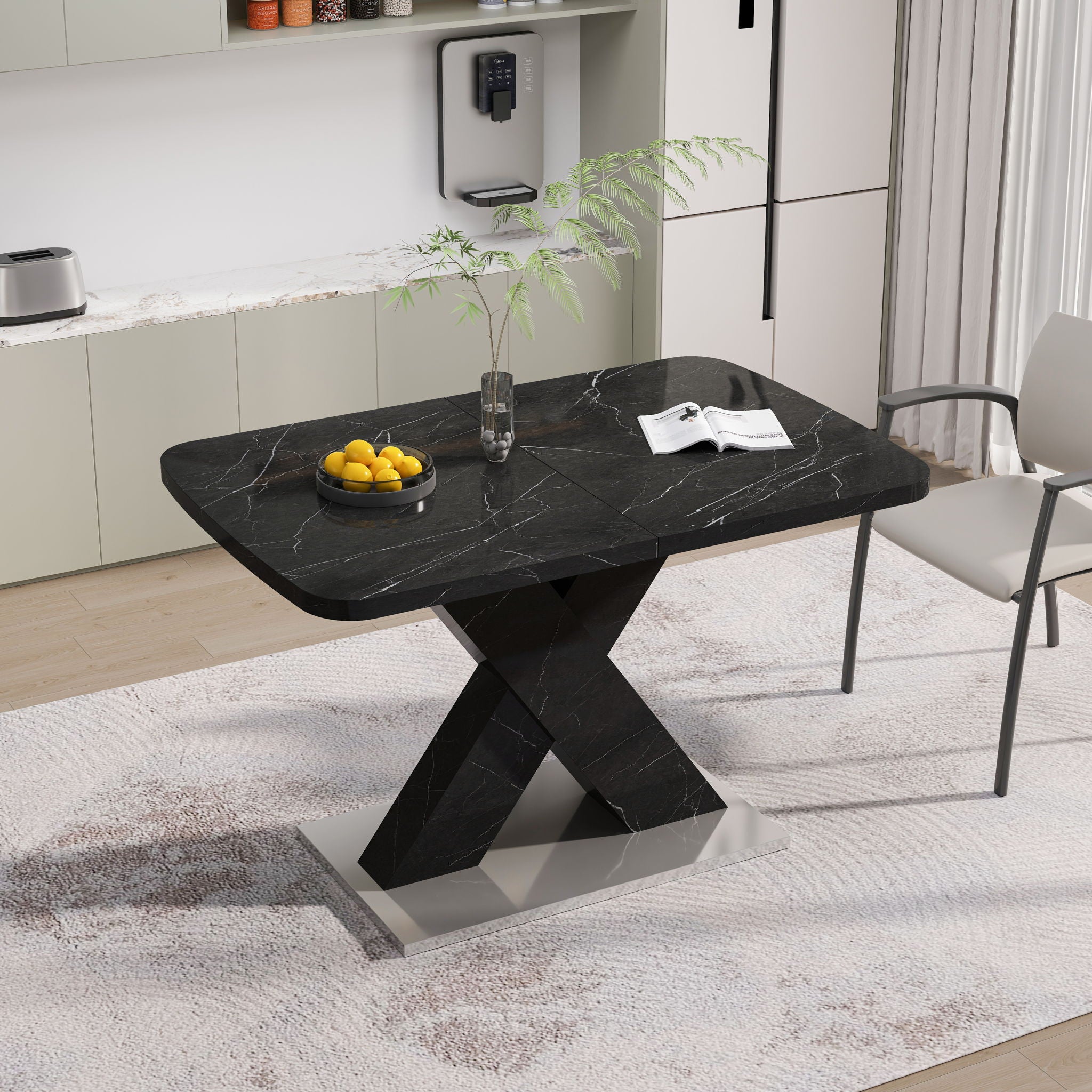 Modern Rectangle Dining Table With Stretchable TopAnd X Shape Legs