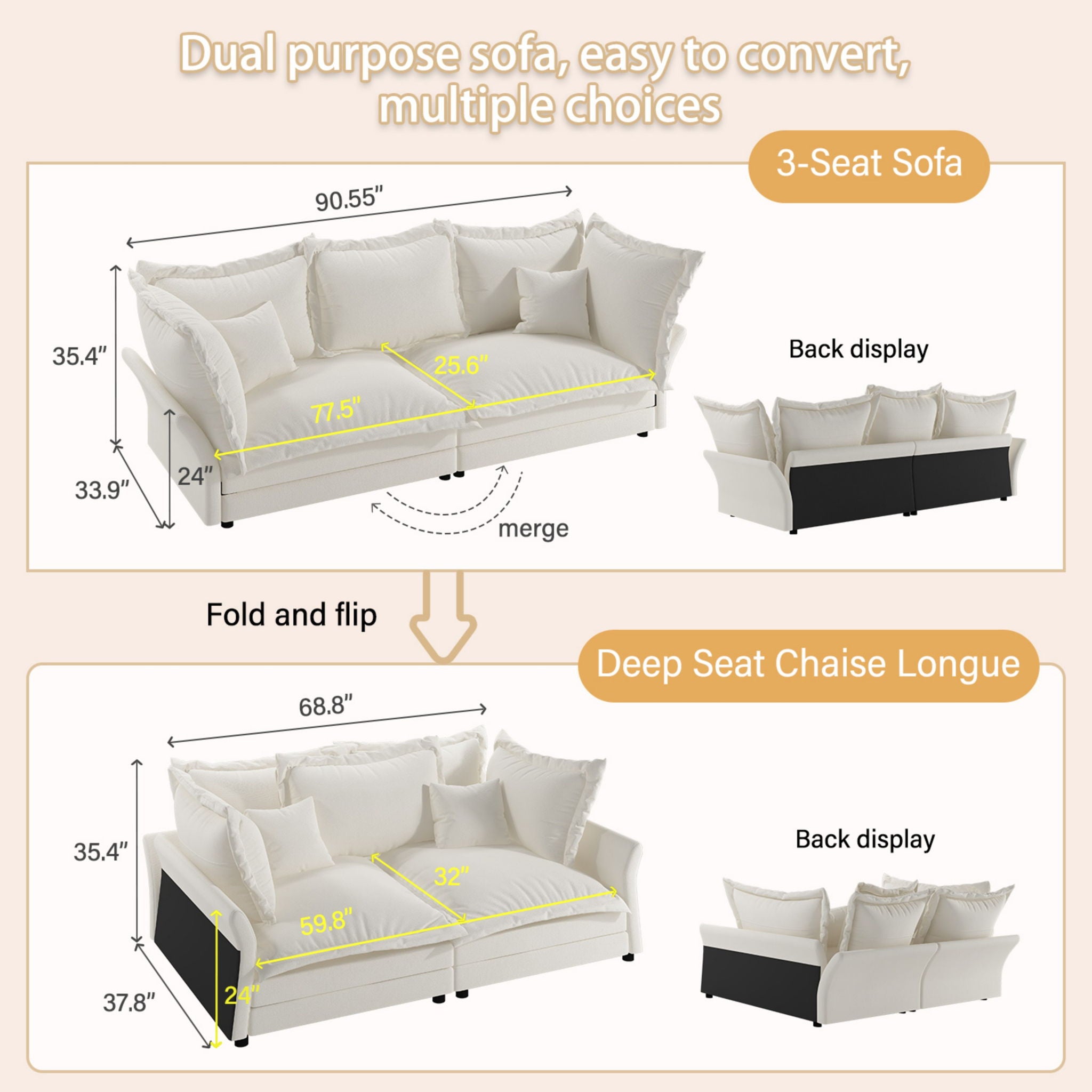 Modern Comfy Upholstered Sofa Cloud Couch, Deep Seat Couches With Multiple Large Soft Pillows