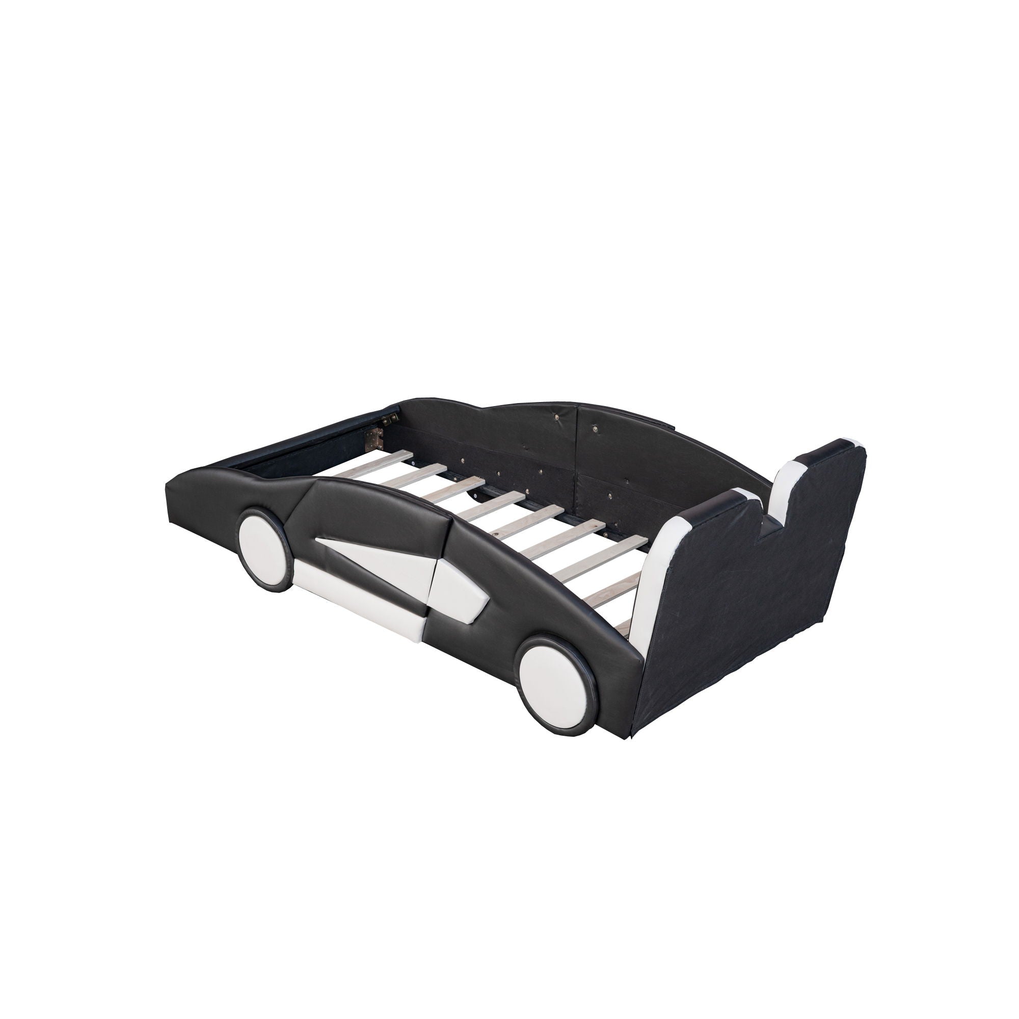 Race Car Shaped Twin Platform Bed With Wheels, Pine Wood Construction