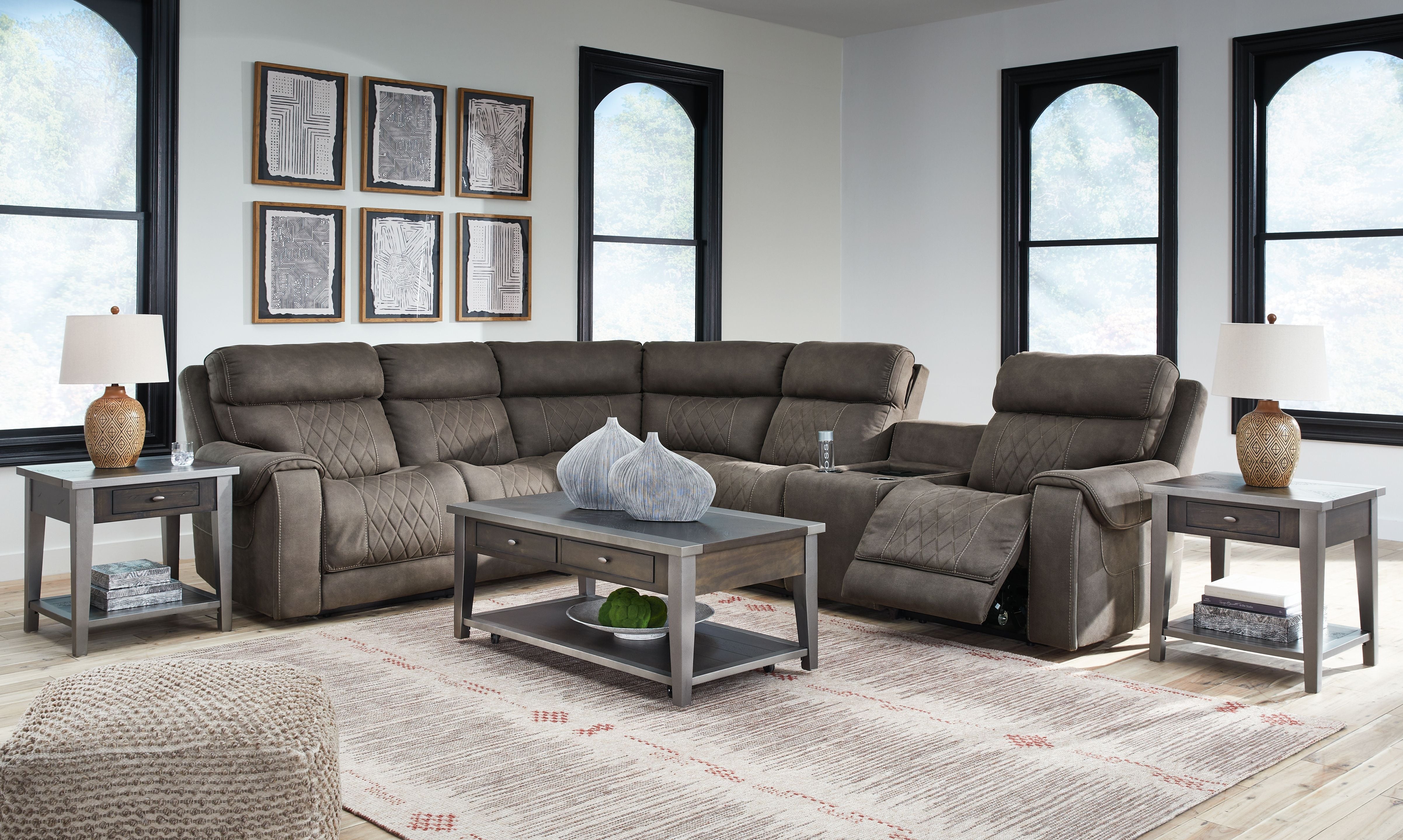 Signature Design by Ashley® Hoopster - Gunmetal - Zero Wall Power Recliner With Console 6 Pc Sectional | Meri Furniture