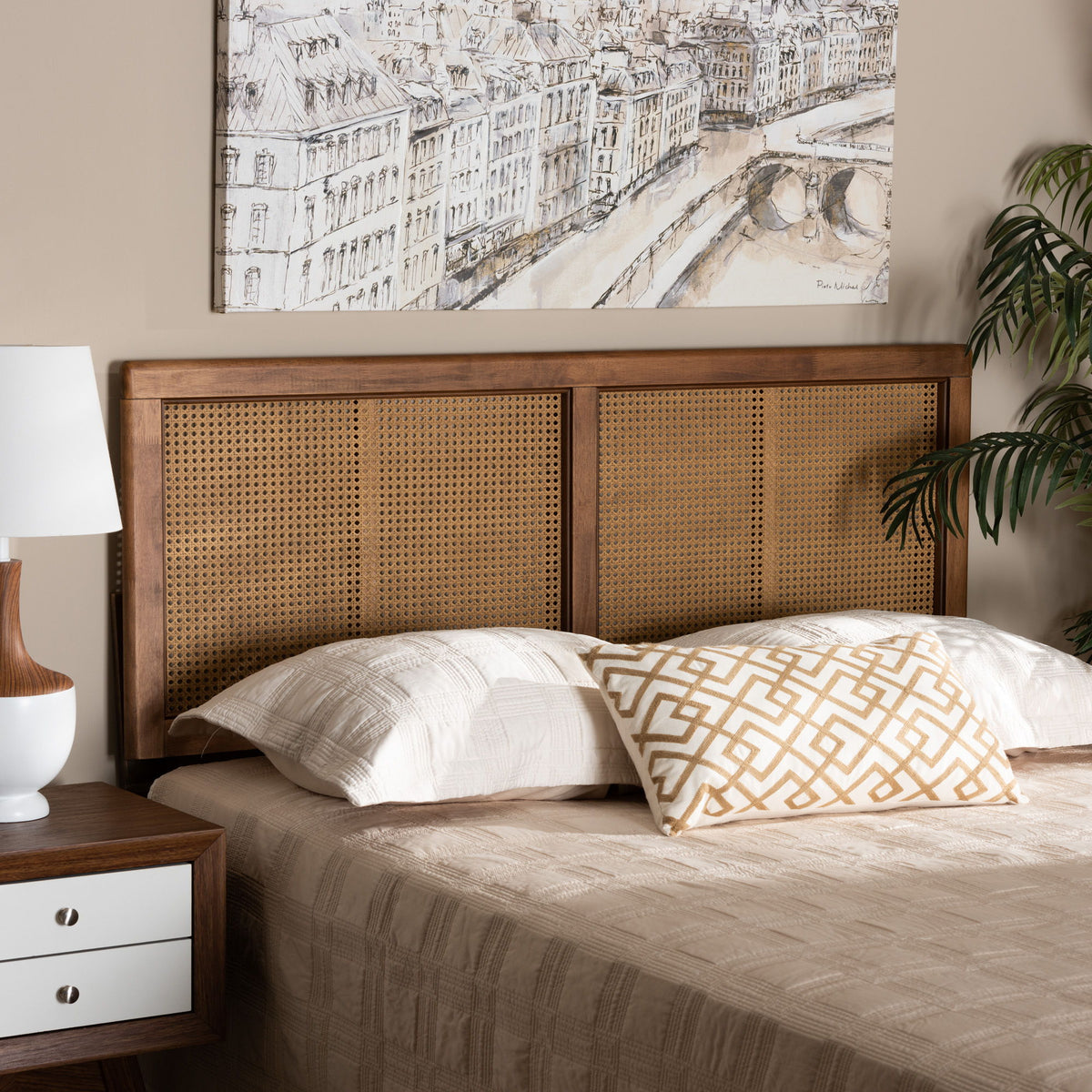 Gilbert Mid-Century Modern Ash Walnut Finished Wood and Synthetic Rattan Full Size Headboard