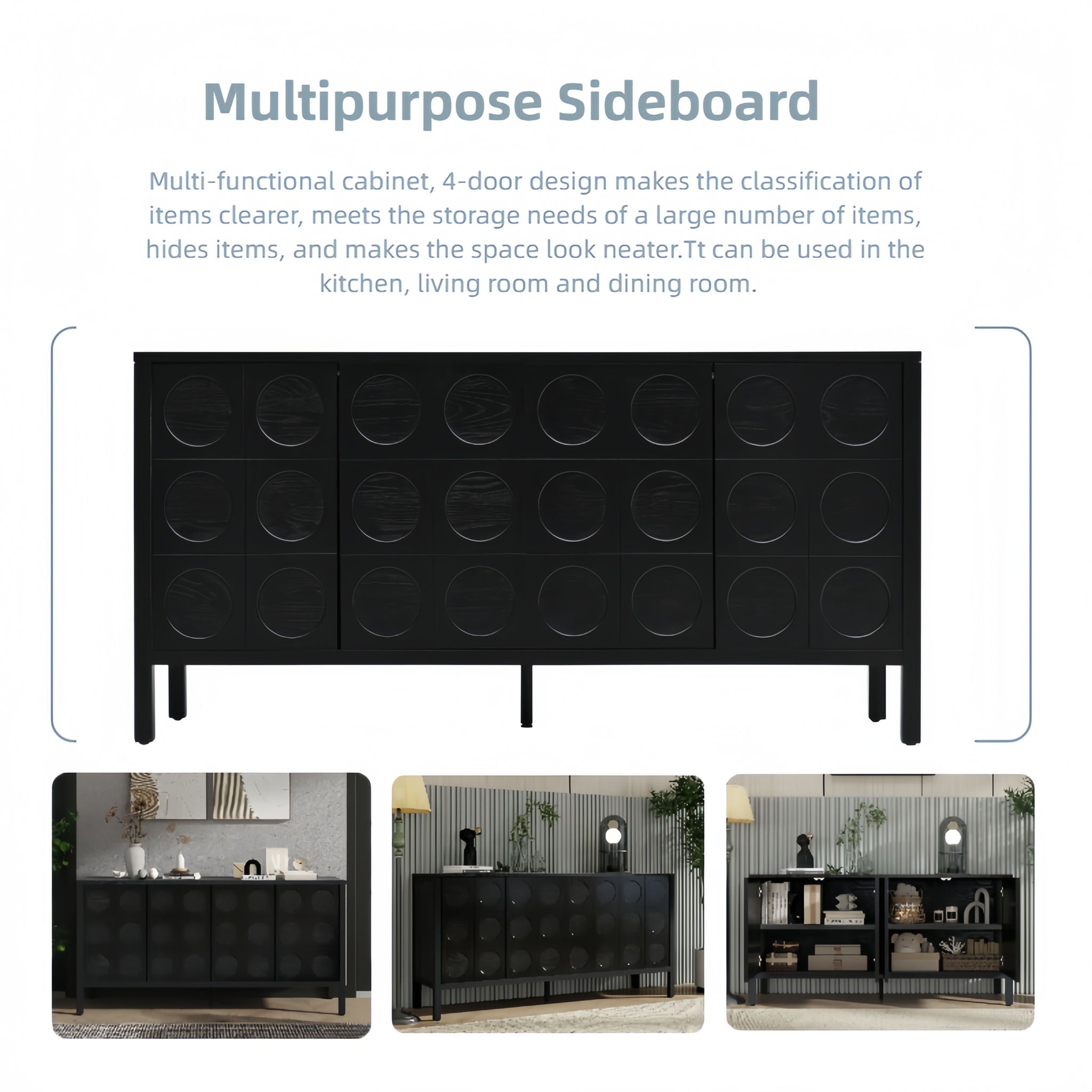 Stylish Storage Cabinet Sideboard With Unique Geometric Circle Door Design - Black