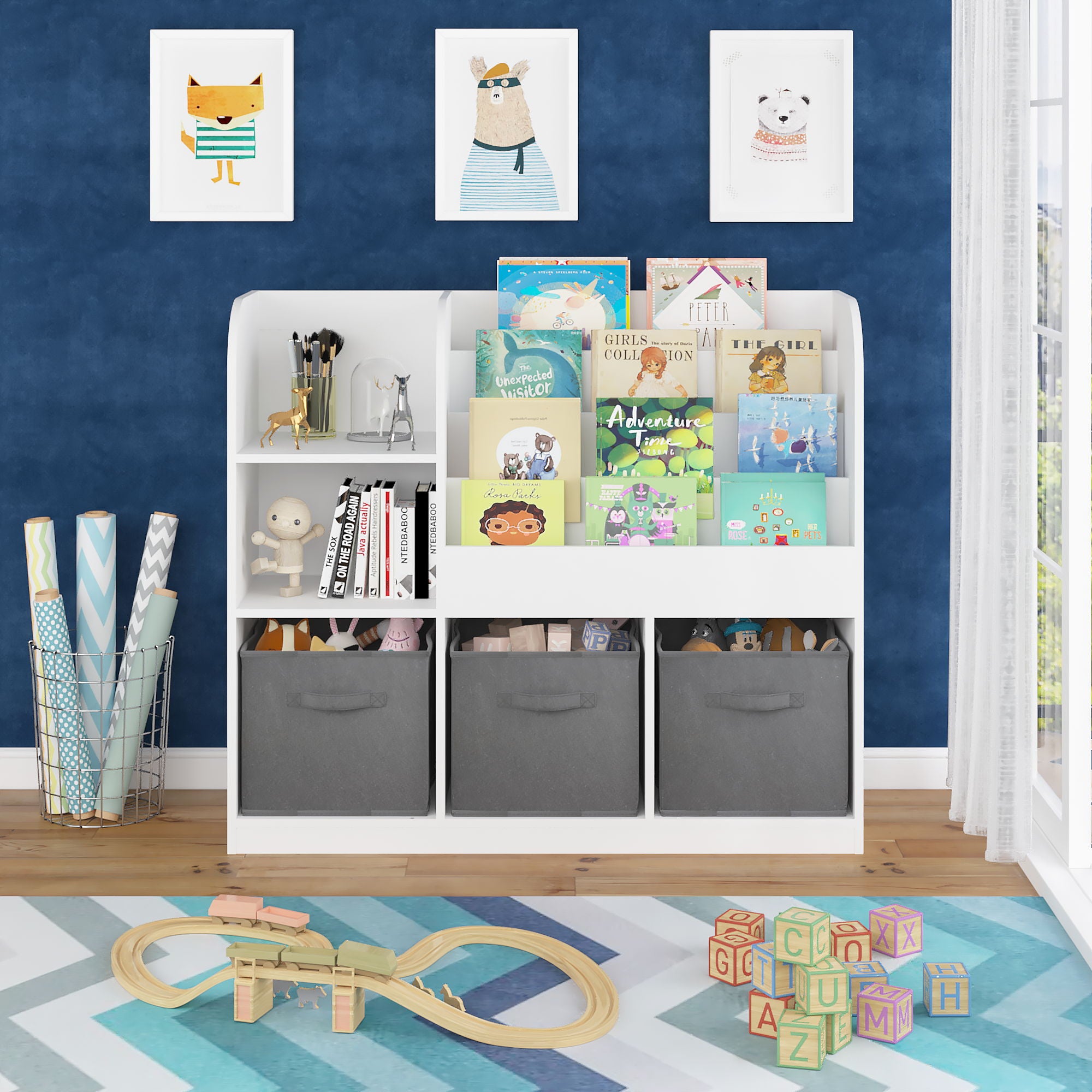Bookcase And Bookshelf With 3 Collapsible Drawers, Multifunctional Display Stand