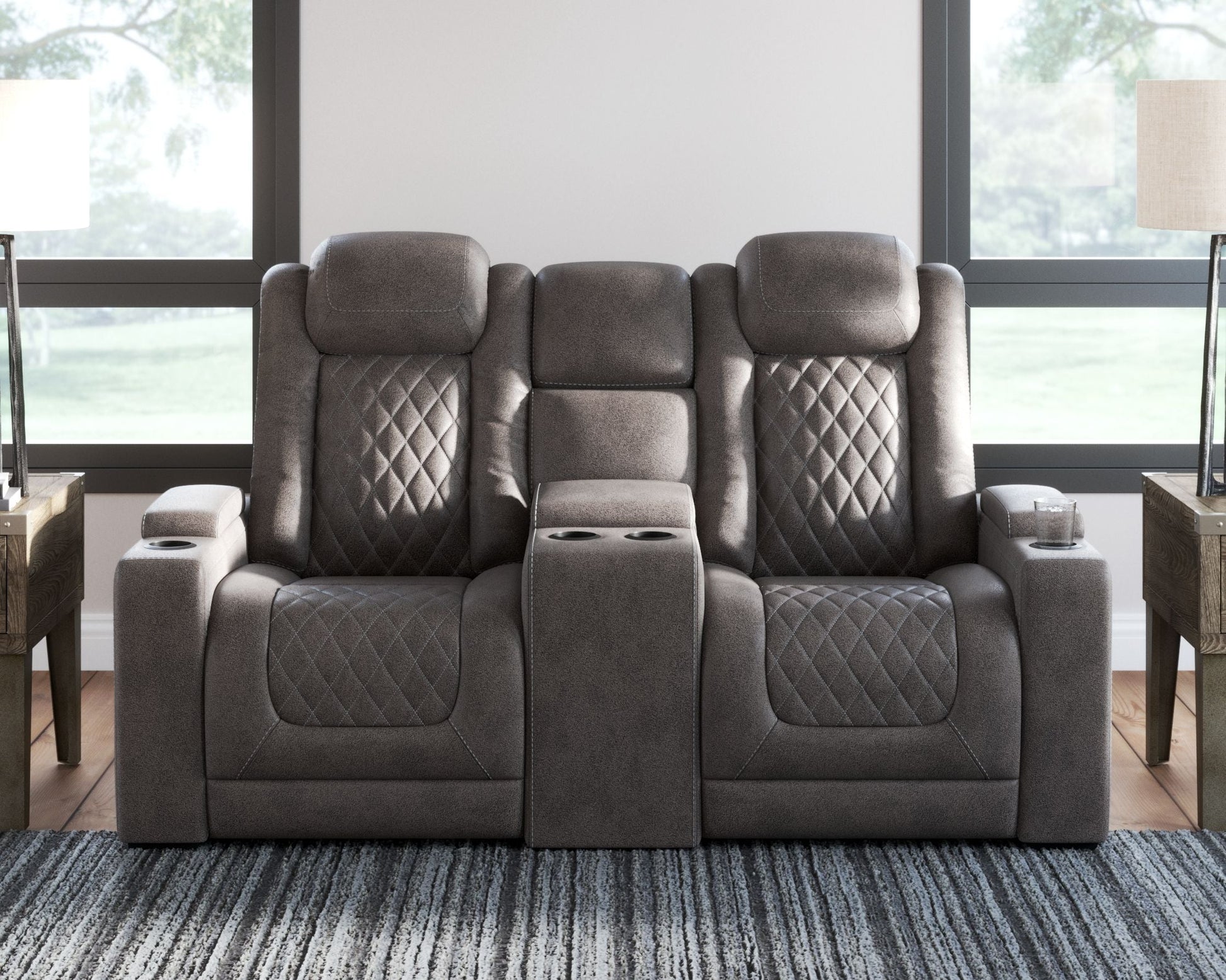 Ashley Furniture Hyllmont - Gray - Pwr Rec Loveseat/Con/Adj Hdrst | Meri Furniture