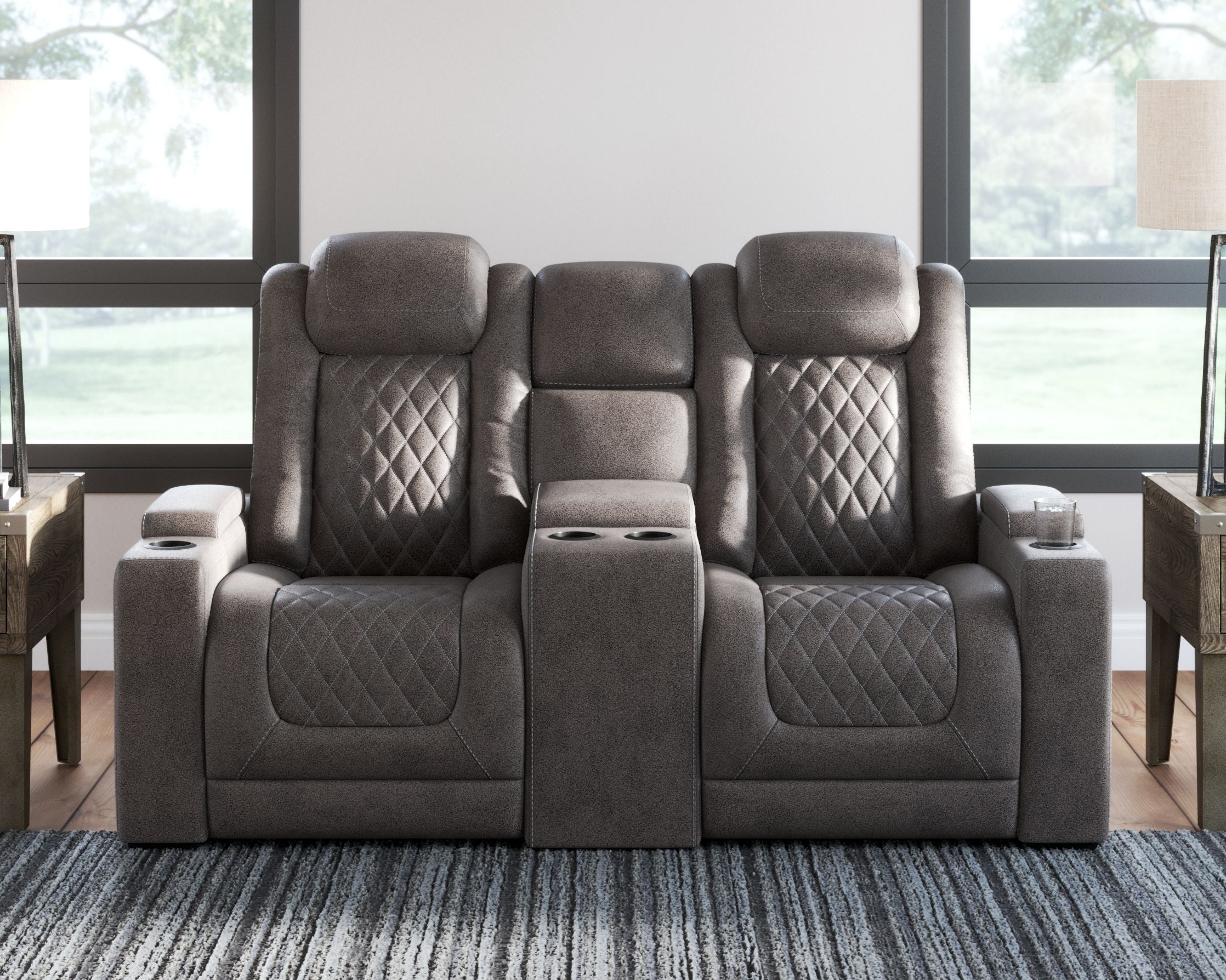 Ashley Furniture Hyllmont - Gray - Pwr Rec Loveseat/Con/Adj Hdrst | Meri Furniture