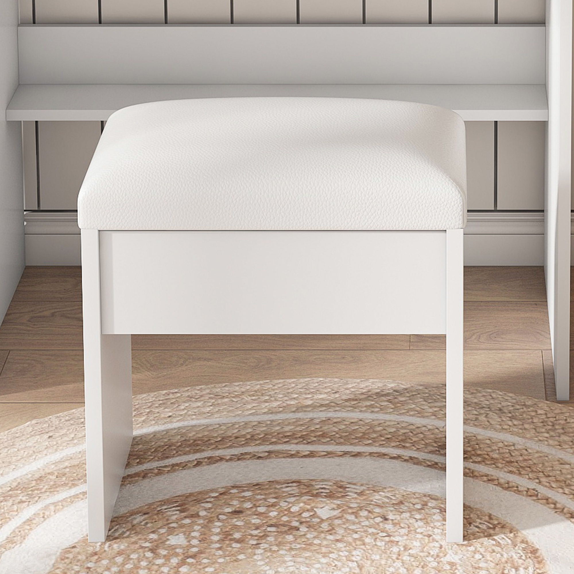 Vanity Table With Mirror, Adjustable LED Lights, Power Outlet, Hairdryer Holder & Stool