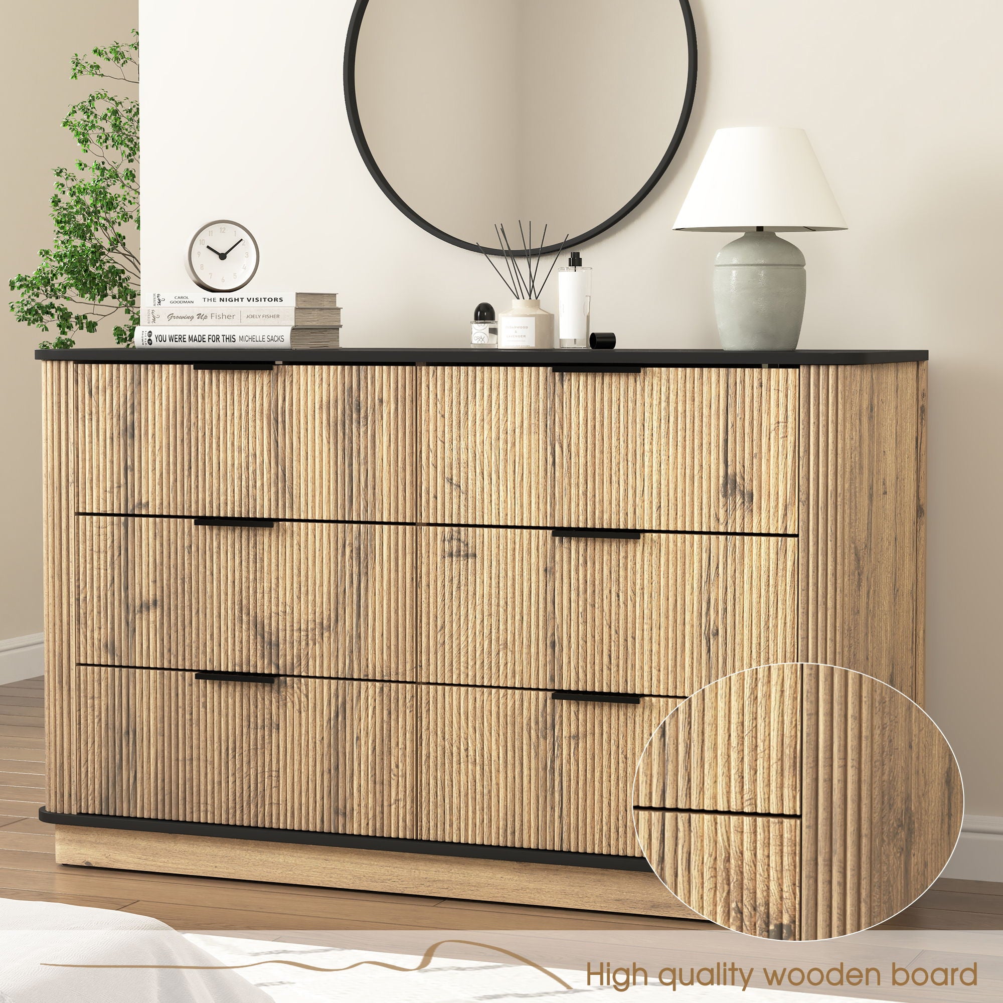 Modern 6 Drawer Cabinet With Metal Rounded Corners And Exquisite Handles Multi Functional Storage - Natural Wood