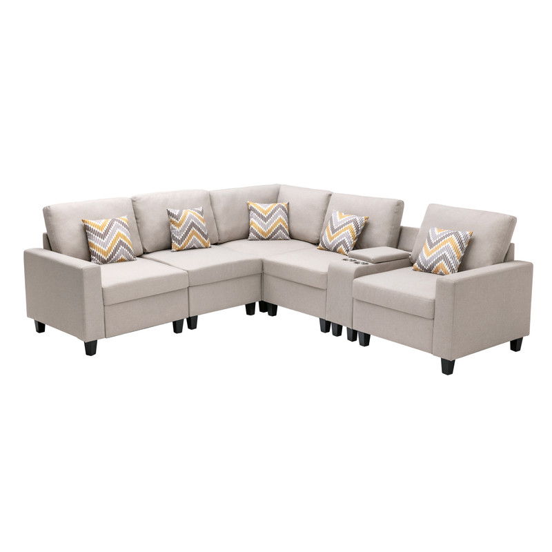 Nolan 106"W Beige Linen Fabric 6Pc Reversible Sectional Sofa with a USB, Charging Ports, Cupholders, Storage Console Table and Pillows and Interchangeable Legs