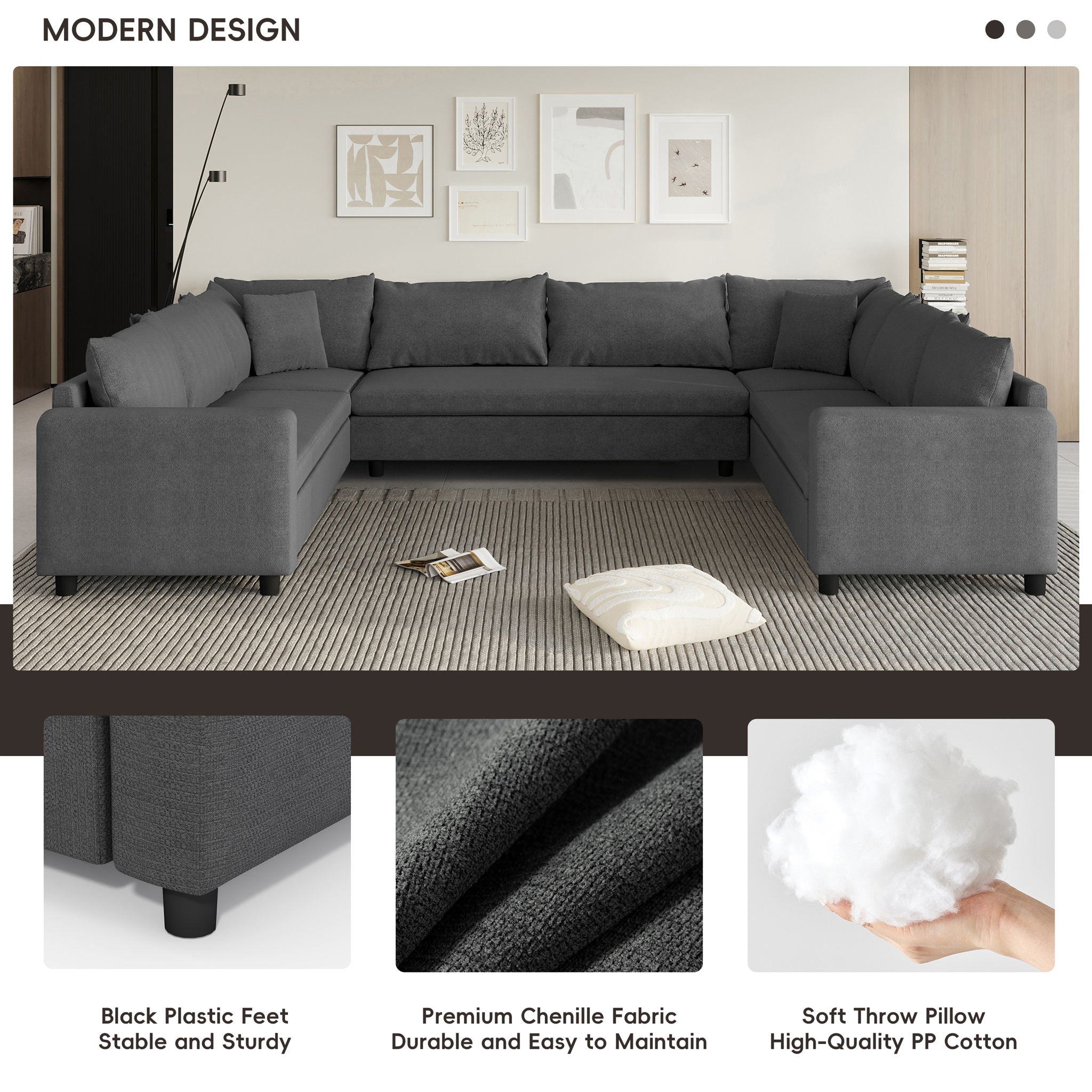 Modular Sectional Reversible U Shaped Couch Set, Free Combination Minimalist Style, Oversized 8 Seat Convertible Sofa