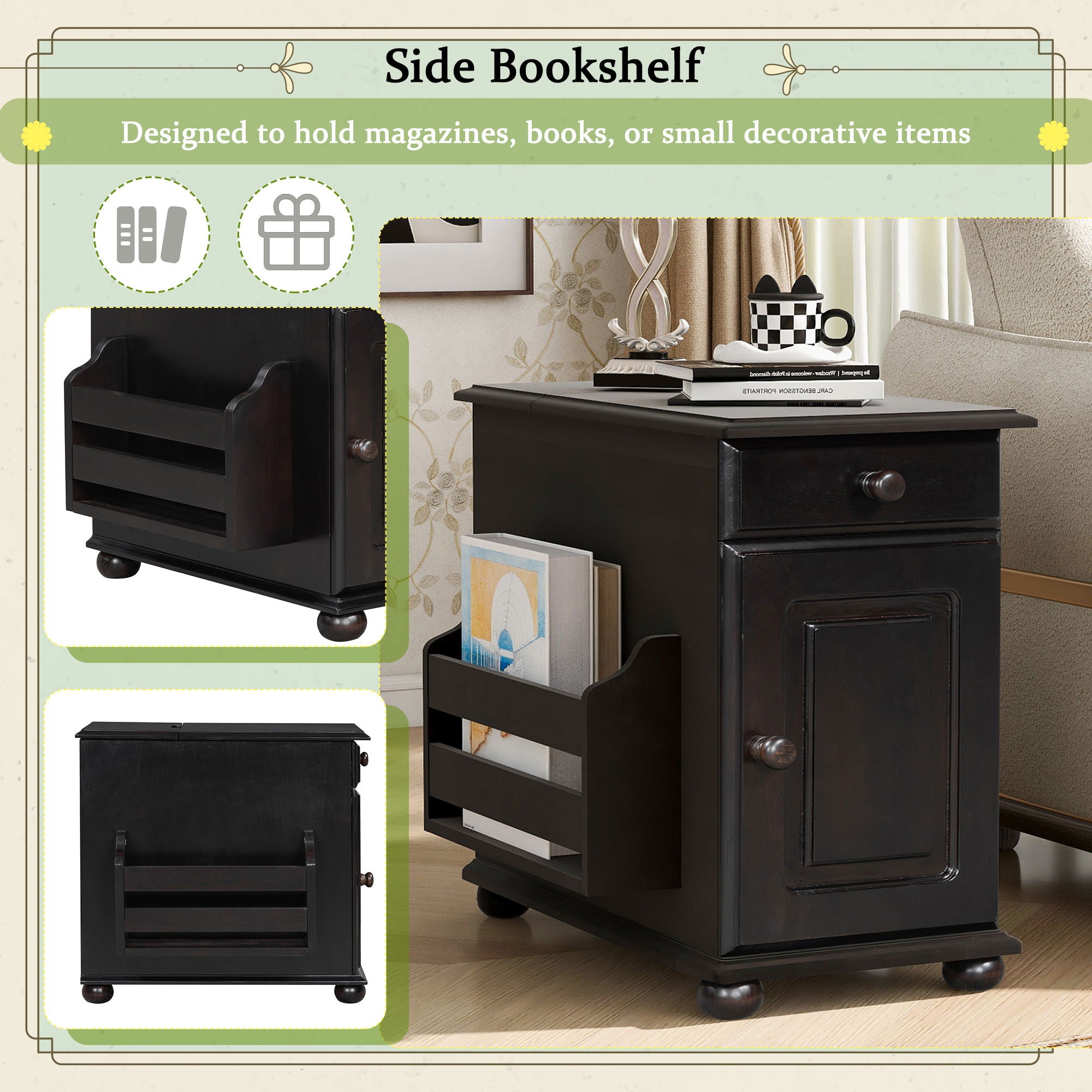 Vintage Flip Top Side Table With USB Ports