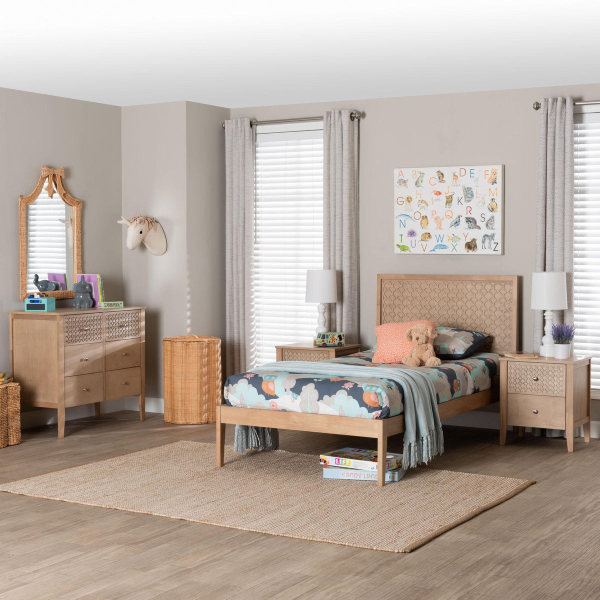 Lara Twin 4-Piece Bedroom Set - Modern Wood Bed Frame with Matching Nightstands and Dresser, Decorative Laser-Cut Overlay, oak Brown