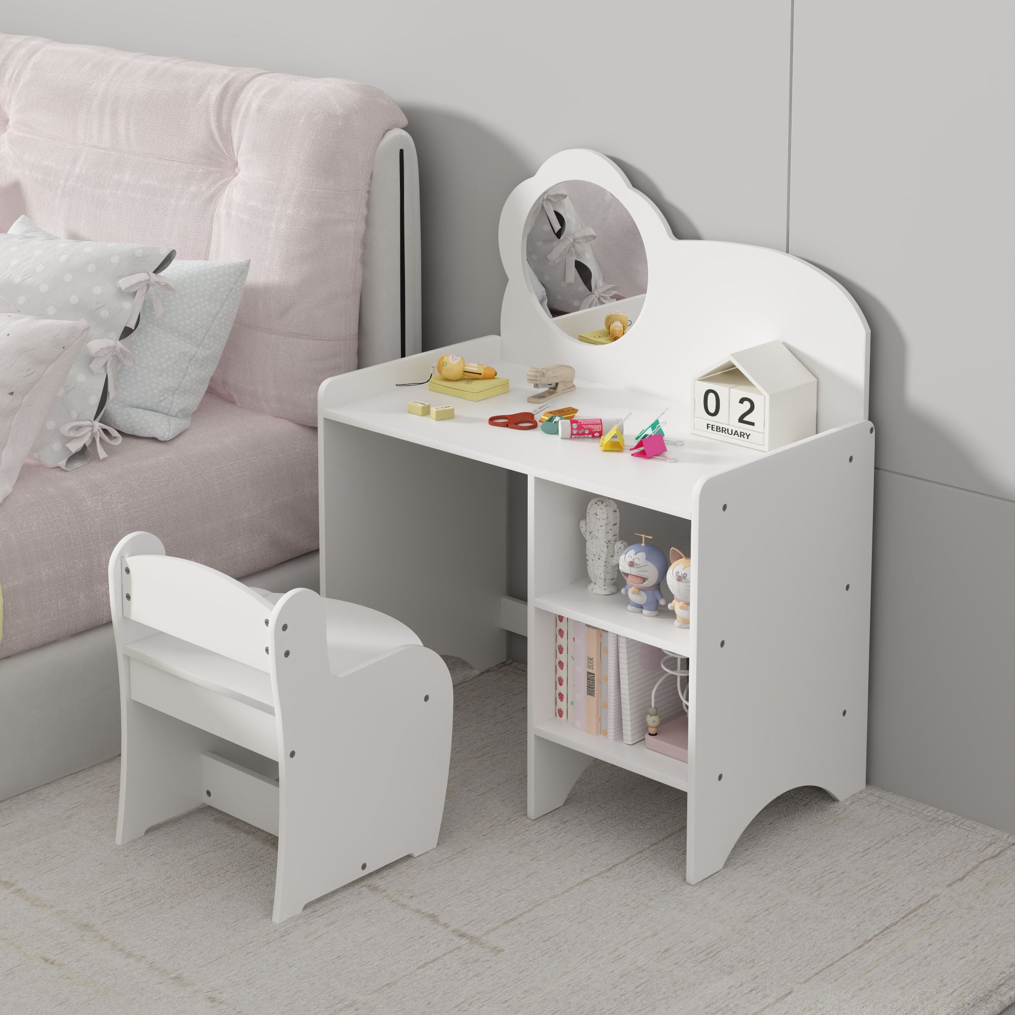 Kids Vanity Table With Mirror And Chair, Dressing Makeup Desk With Storage Shelves - White