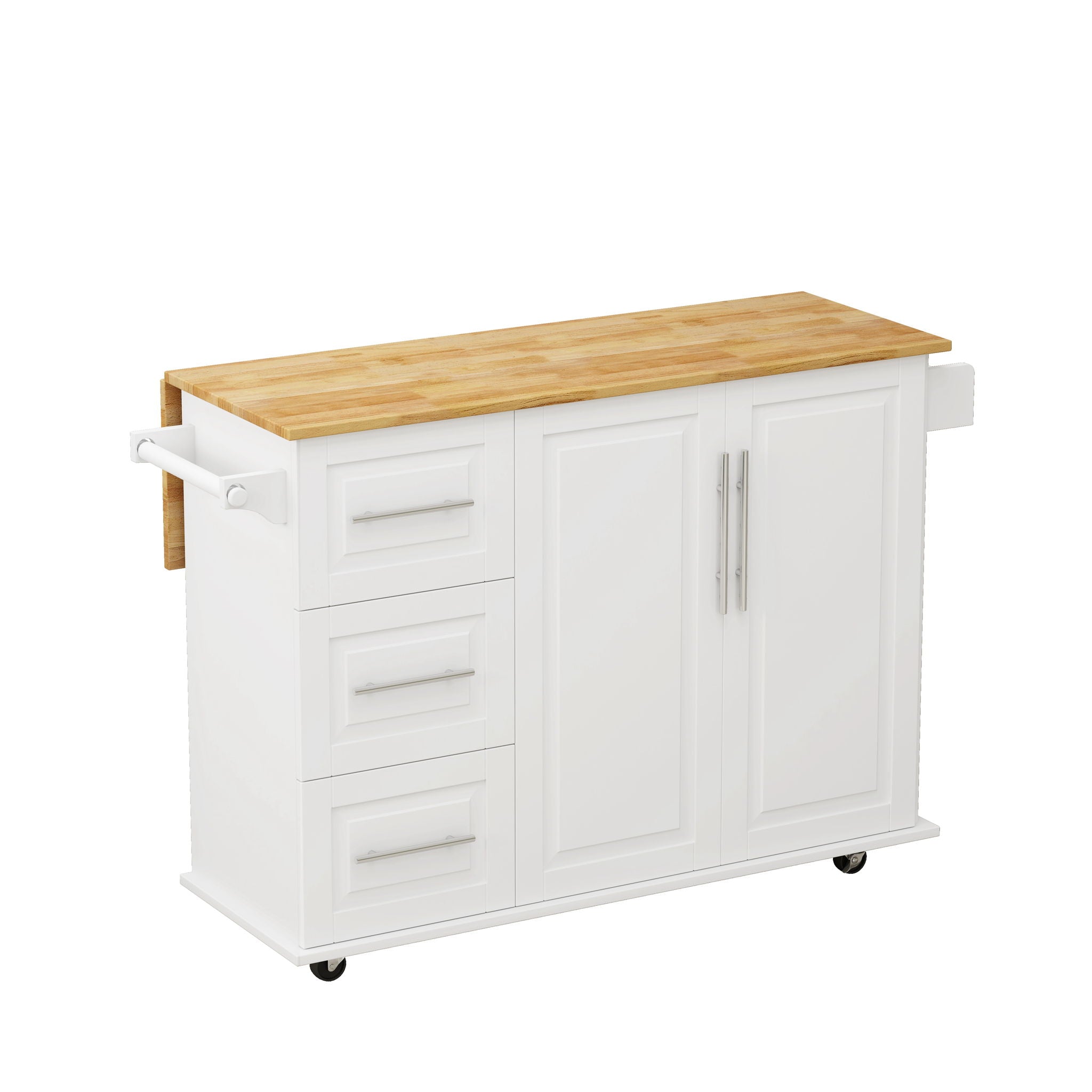Kitchen Island Cart With 2 Door Cabinet, 3 Drawers, Spice Rack & Towel Rack - White