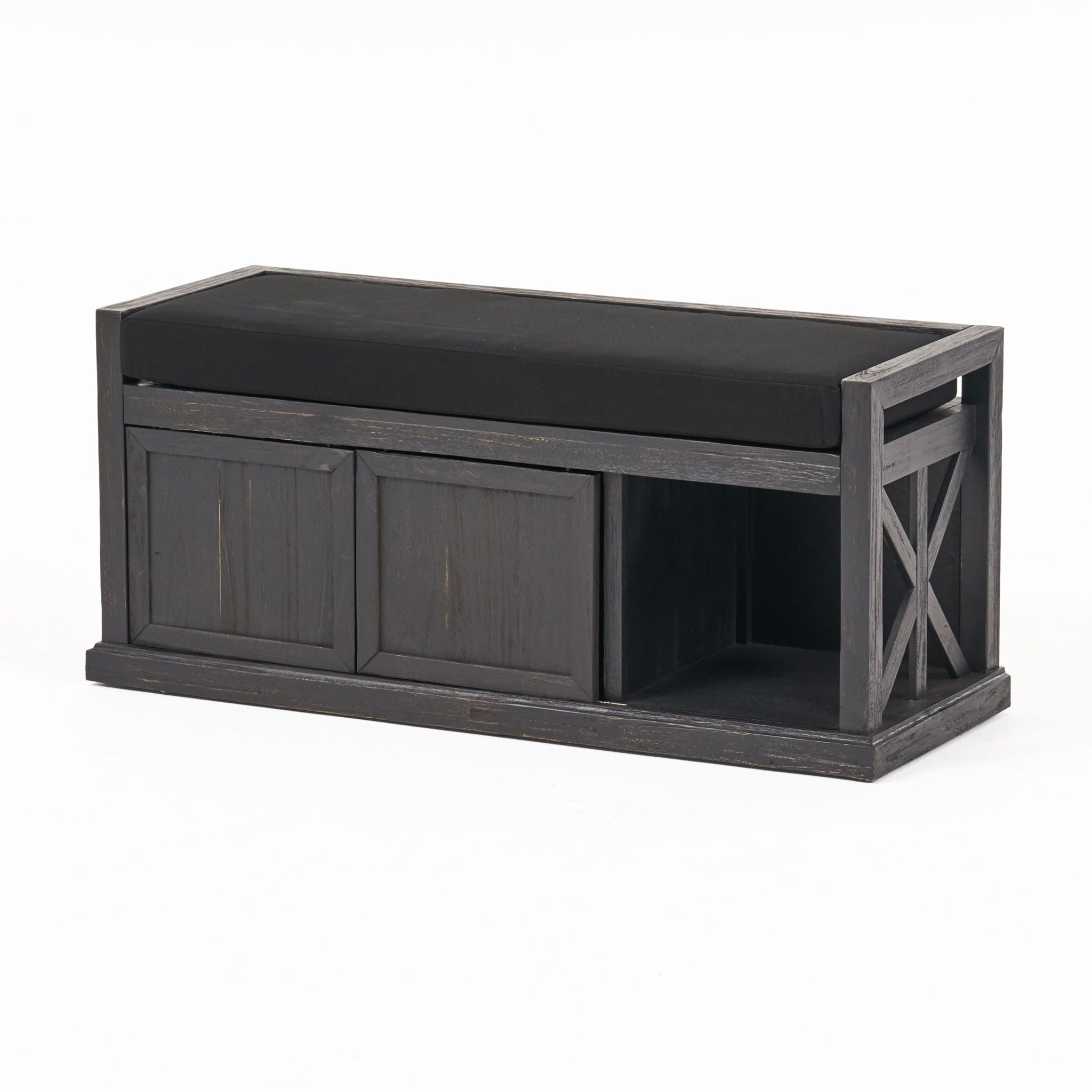 Wood Bench With 2 Open Shelves And Water Resistant Cushion - Dark Gray
