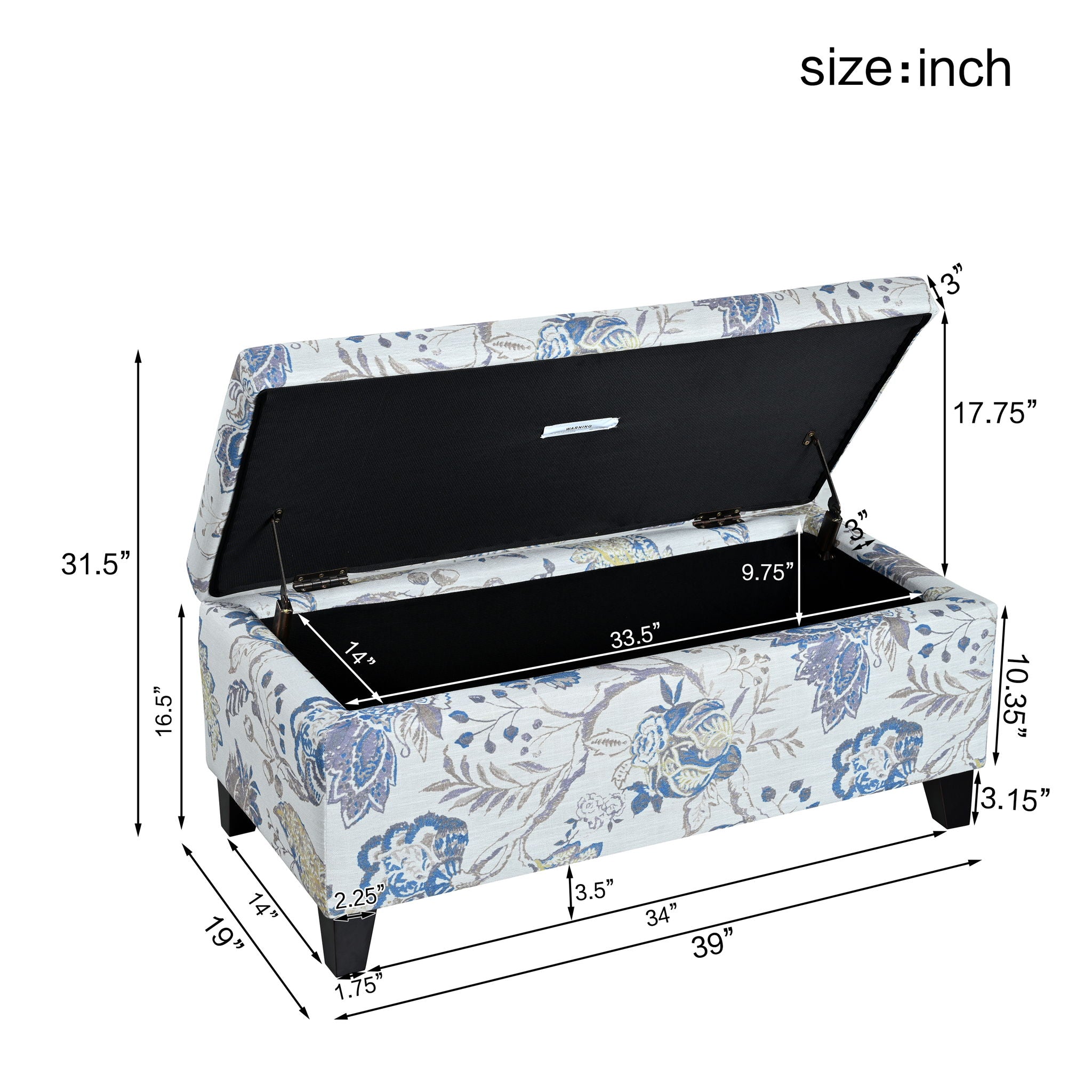 Luxury Storage Ottoman With Floral Patterned Fabric, Soft Close Hinges, Functional Footrest & Seat - Blue Flower / Blue Multi