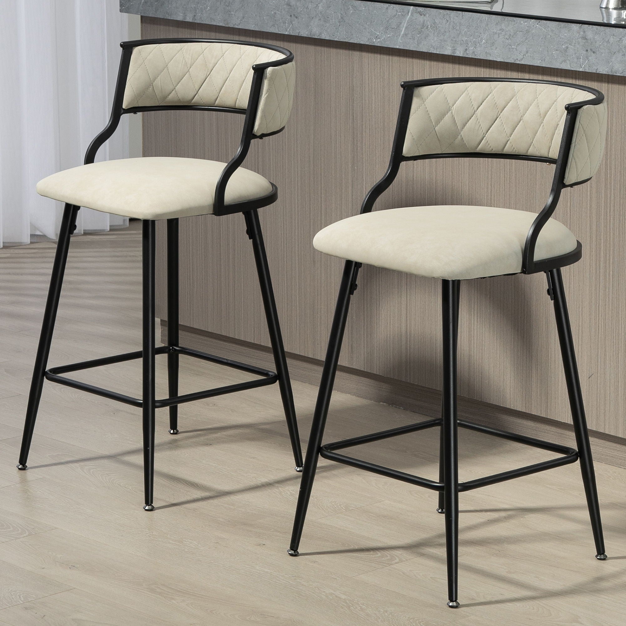 Counter Height Bar Stools With Powder Coating Base And Footrest (Set of 2) - Beige