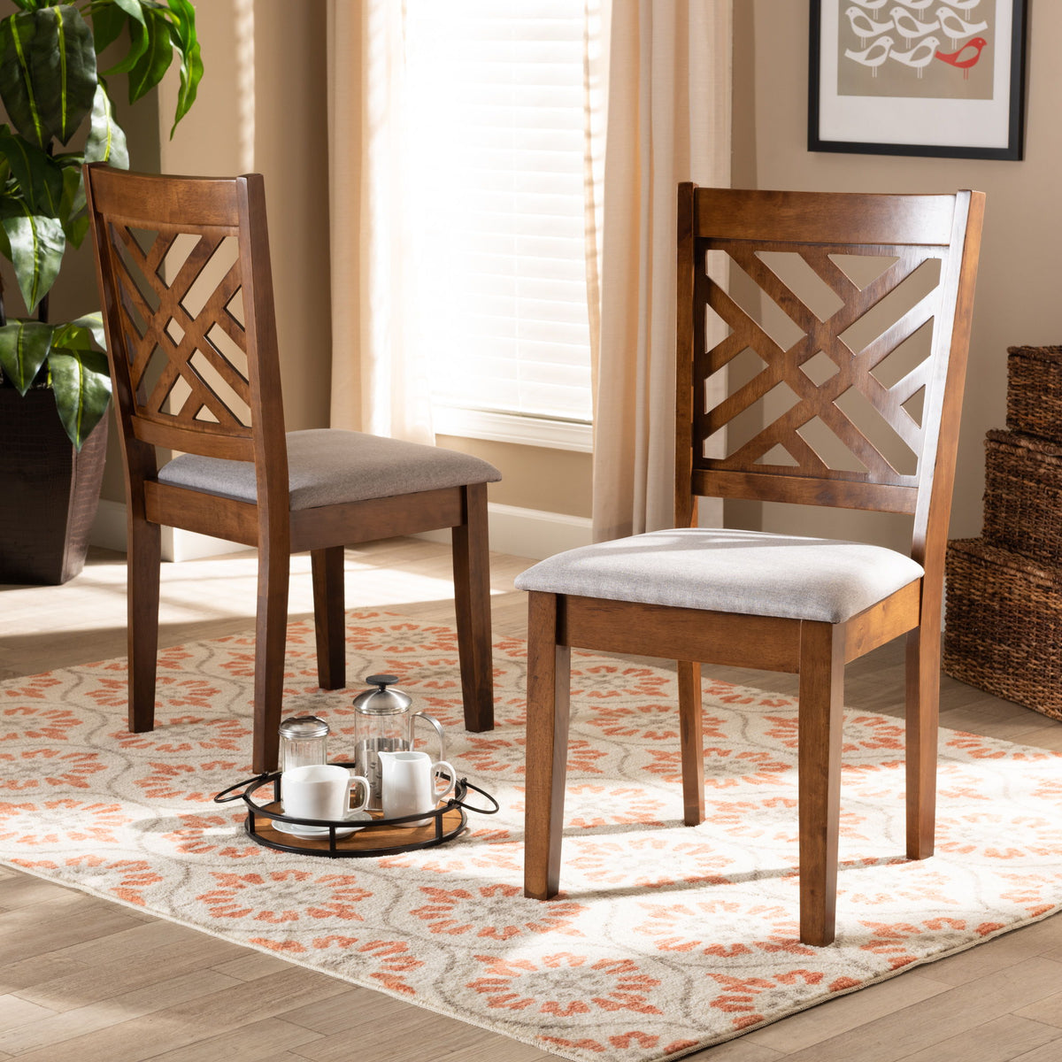 Caron Modern and Contemporary Grey Fabric Upholstered and Walnut Brown Finished Wood 2-Piece Dining Chair Set