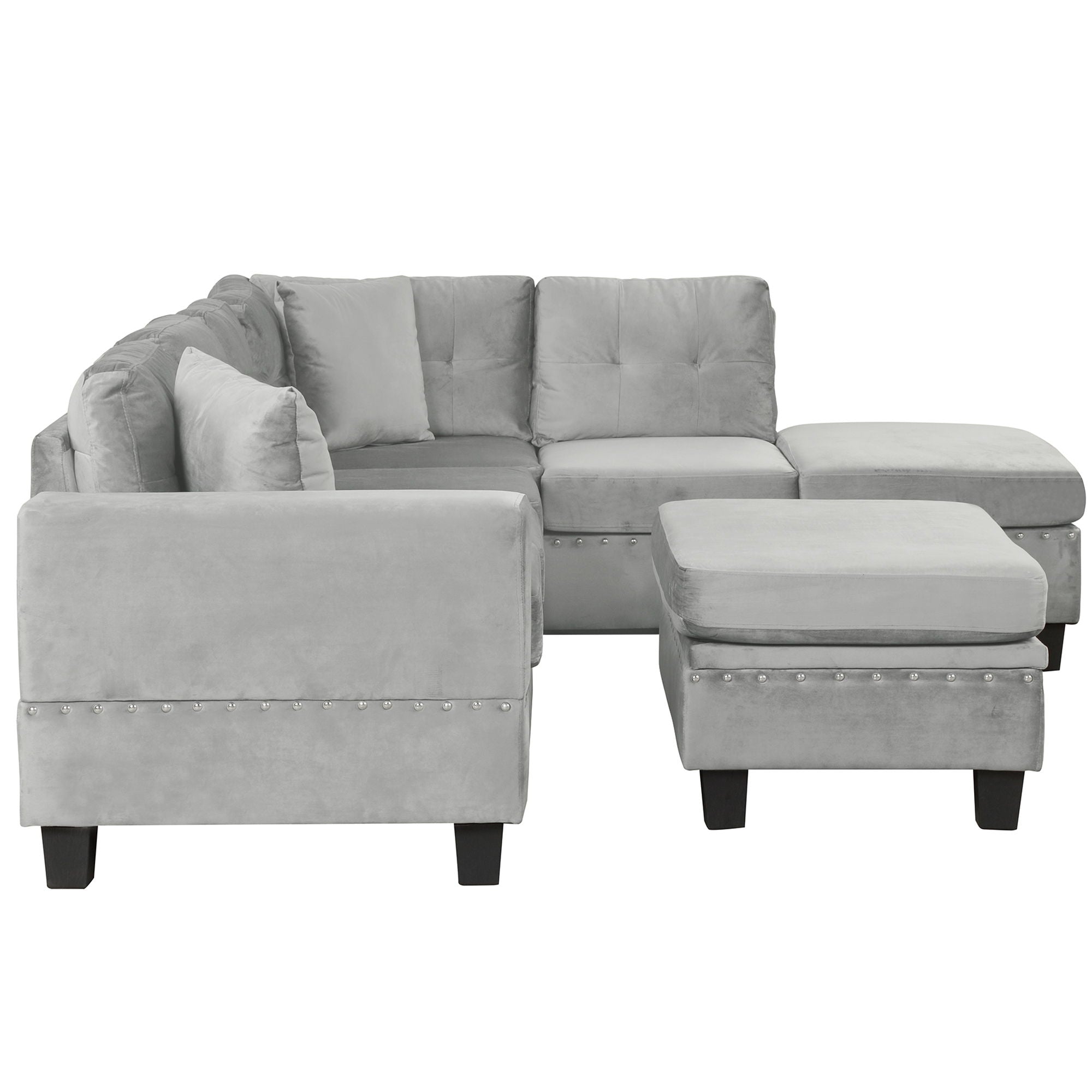 Modern Sectional Sofa With Storage Ottoman, L - Shape Couch With 2 Pillows And Cup Holders