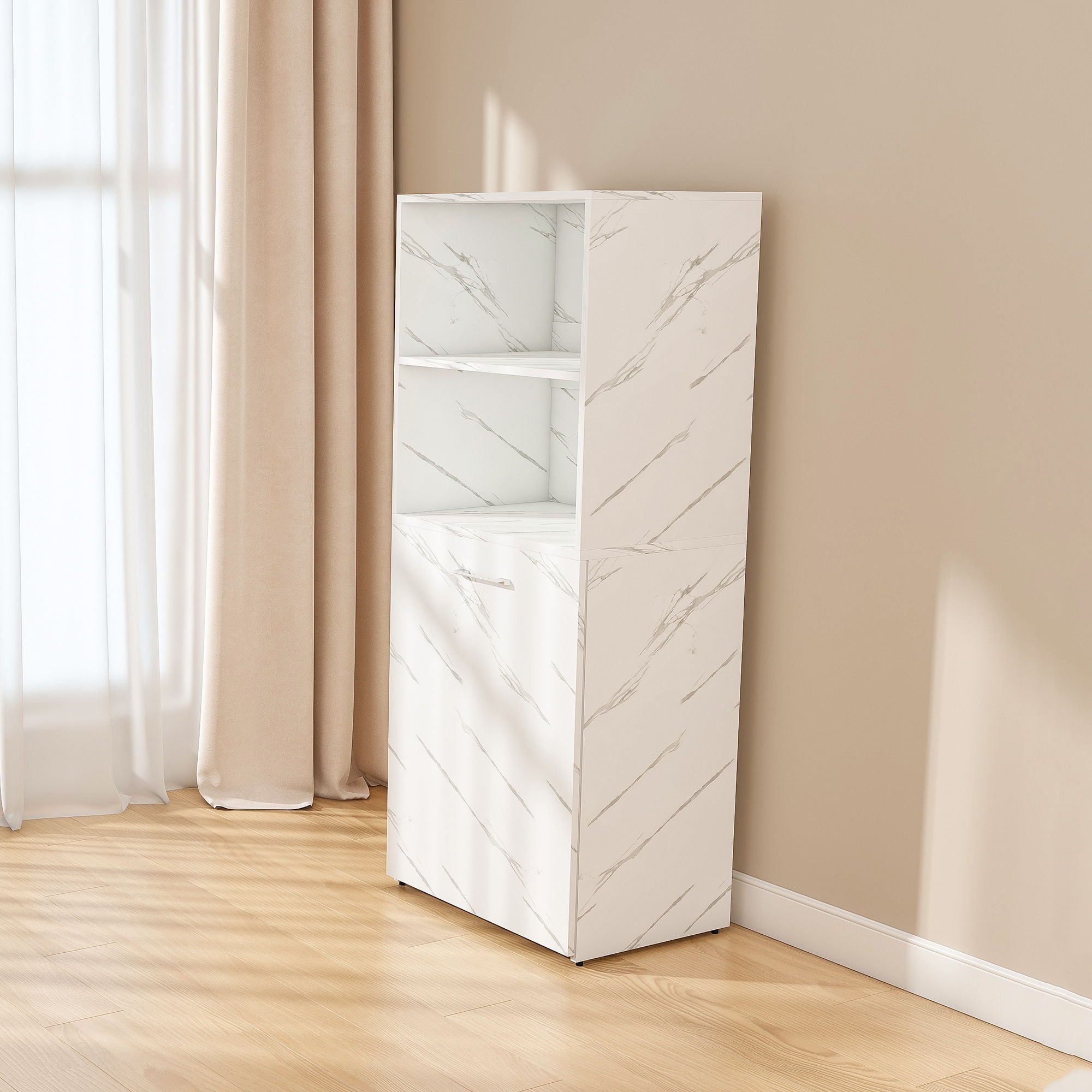 Stretchable Office Desk With Storage Shelves And Mobile Wheels, Foldable Design For Small Apartments - White Marble