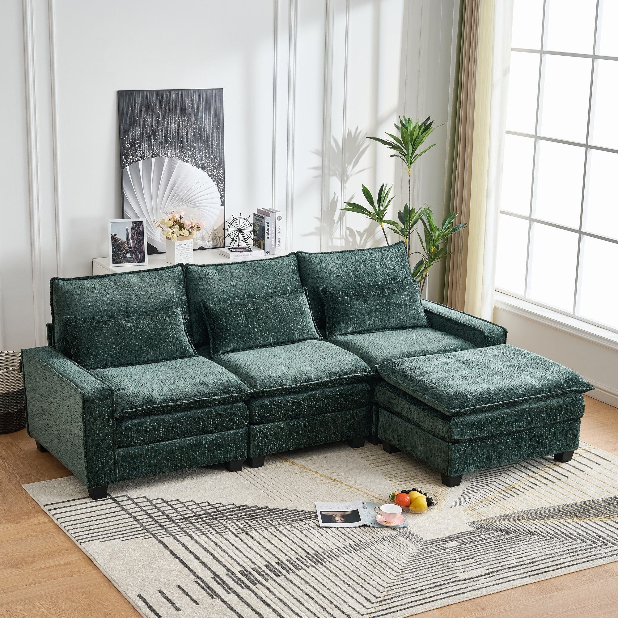 Modern Comfy Chenille L Shaped Sectional Sofa With Movable Ottoman