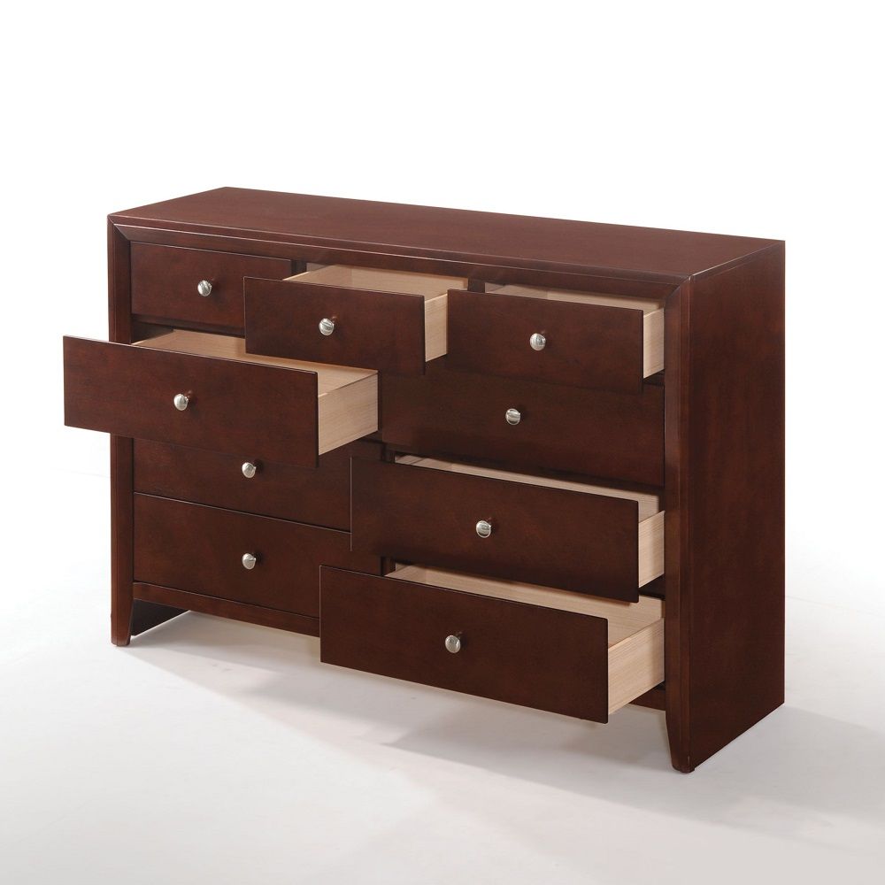 This Ilana contemporary 9 drawers dresser is brown cherry finish with English dovetail with center metal glides. The clean finish top is easy to wipe. The knob hardware accentuates nine drawers that offer much convenience for use.