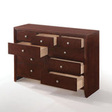 This Ilana contemporary 9 drawers dresser is brown cherry finish with English dovetail with center metal glides. The clean finish top is easy to wipe. The knob hardware accentuates nine drawers that offer much convenience for use.