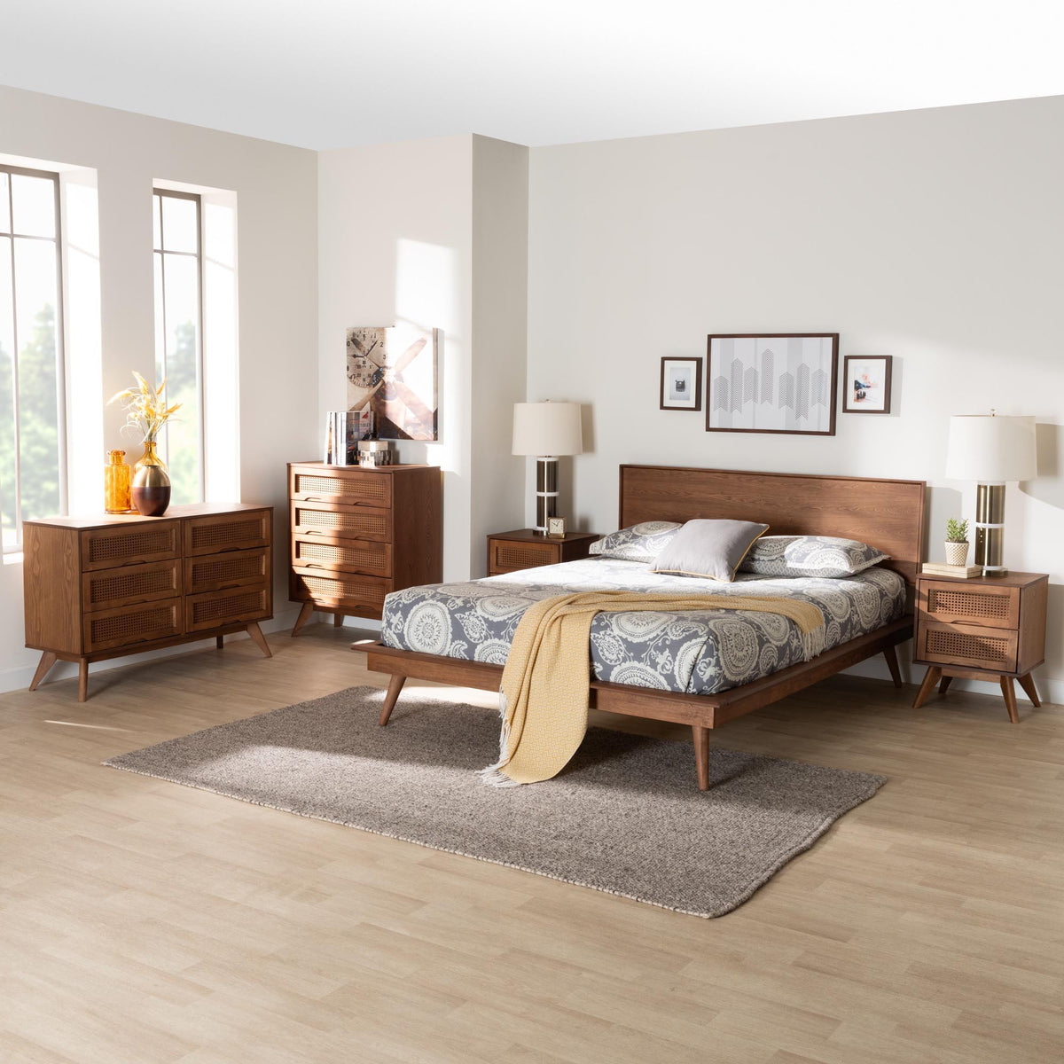 Melora Mid-Century Modern Walnut Brown Finished Wood and Rattan Queen Size 5-Piece Bedroom Set