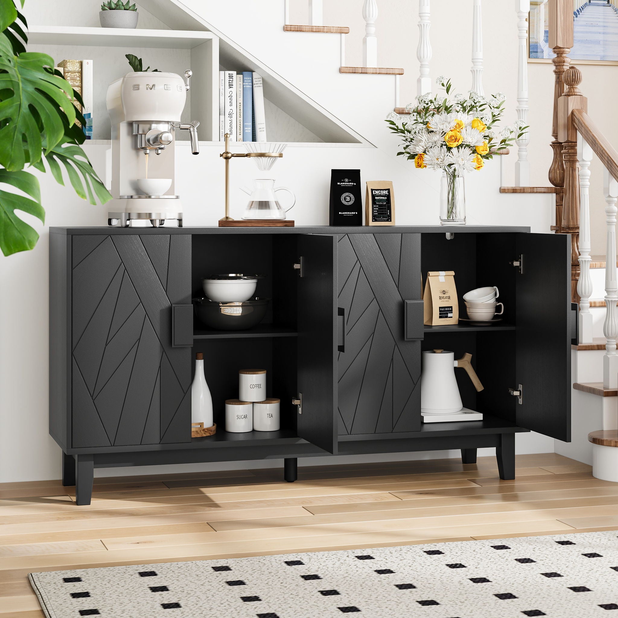 Modern Style Buffet Cabinet, Storage Side Cabinet Buffet Cabinet, Medieval Modern Multifunctional Decorative Cabinet Suitable For Living Room, Dining Room, Entrance, Corridor, Kitchen - Black