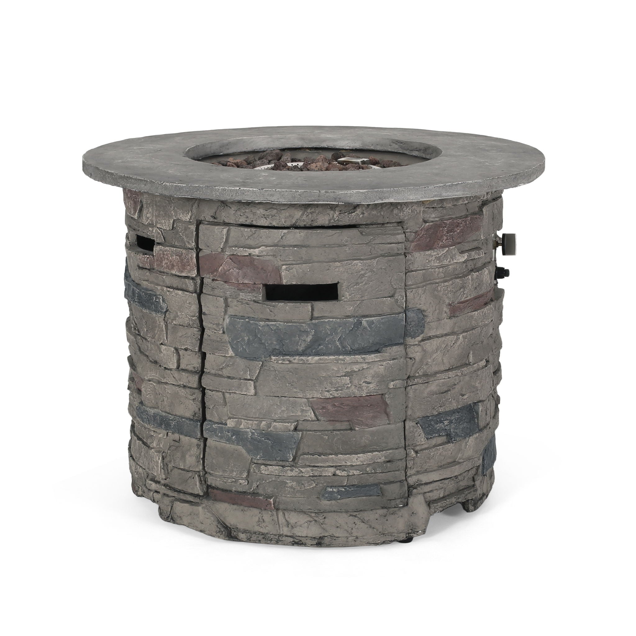 Transitional Outdoor 32" Round Propane Fire Pit Table, Lightweight Concrete Construction - Stone Gray