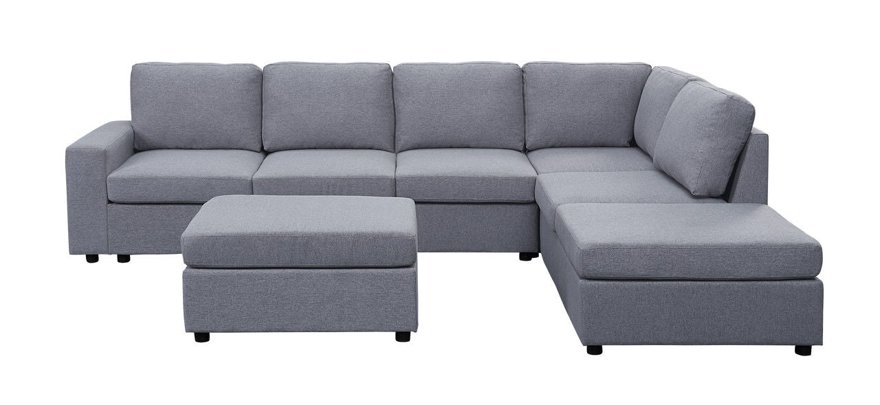 Cassia 120"W Light Gray Linen 7 Seat Reversible Modular Sectional Sofa with Ottoman