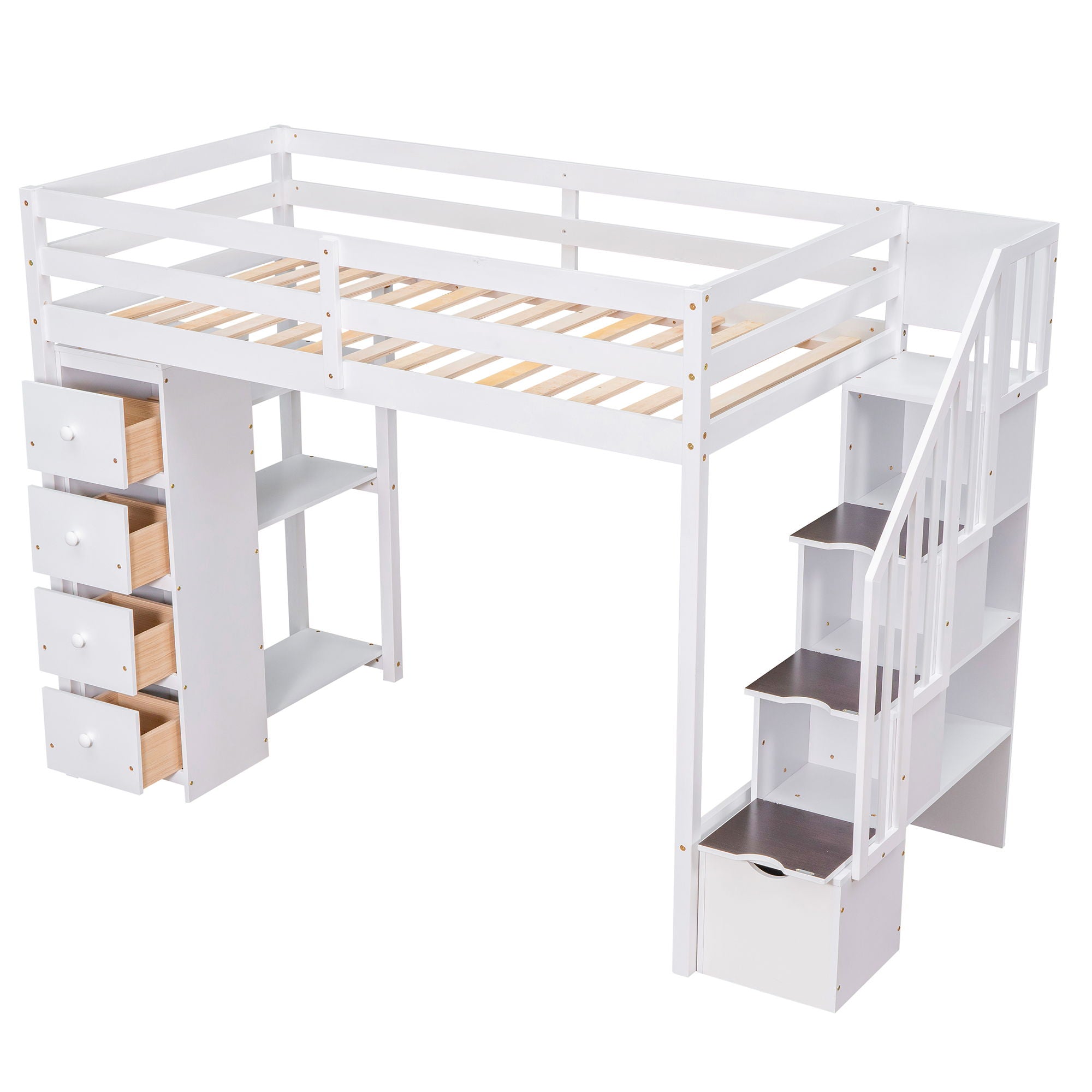 Loft Bed With Storage Drawers And Stairs With Shelves