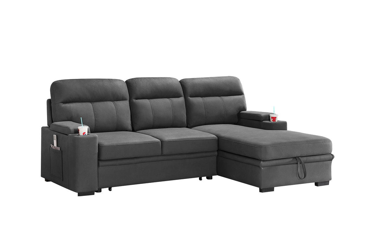 Kaden 94"W Gray Fabric Sleeper Sectional Sofa Chaise with Storage Arms and Cupholder