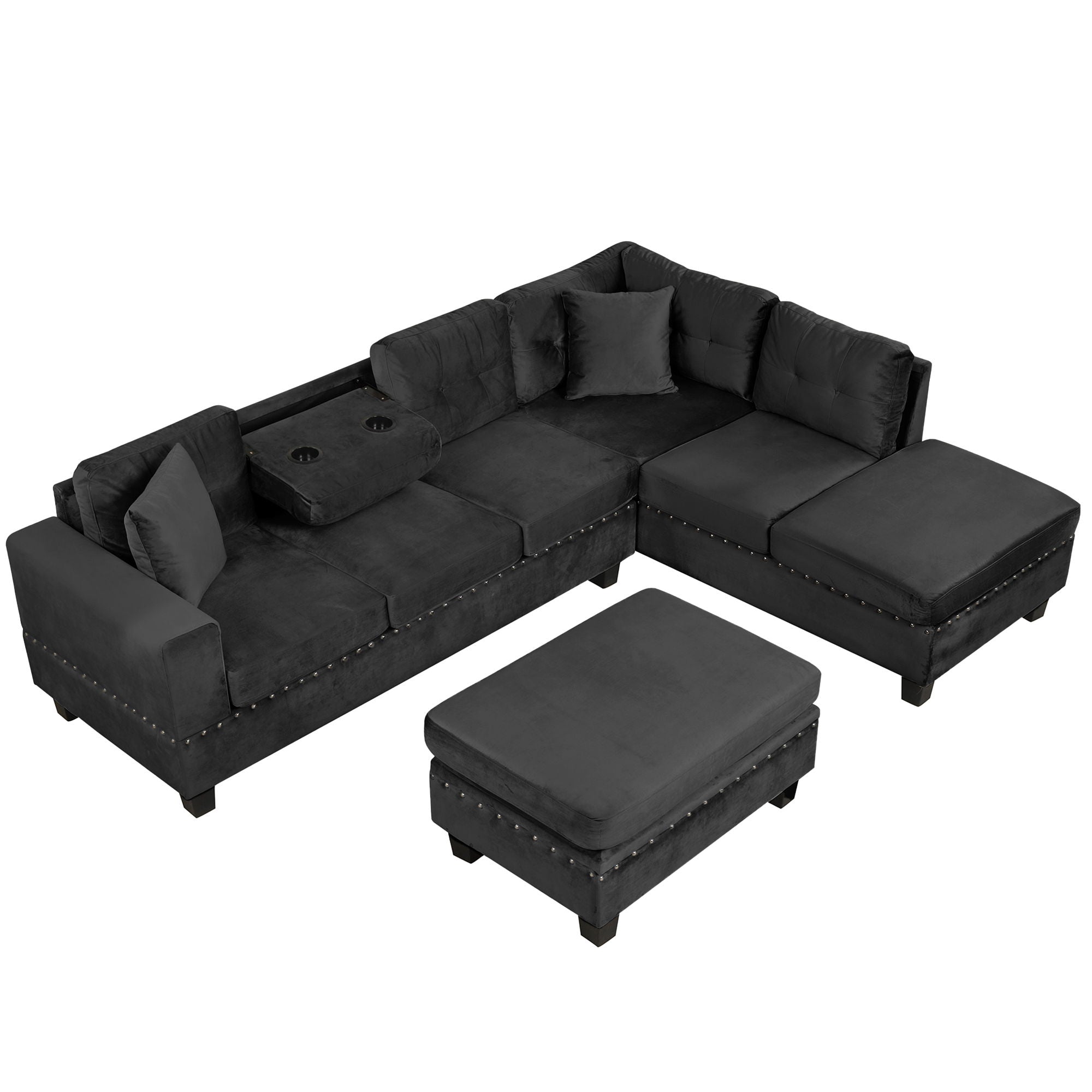 Modern Sectional Sofa With Storage Ottoman, L - Shape Couch With 2 Pillows And Cup Holders