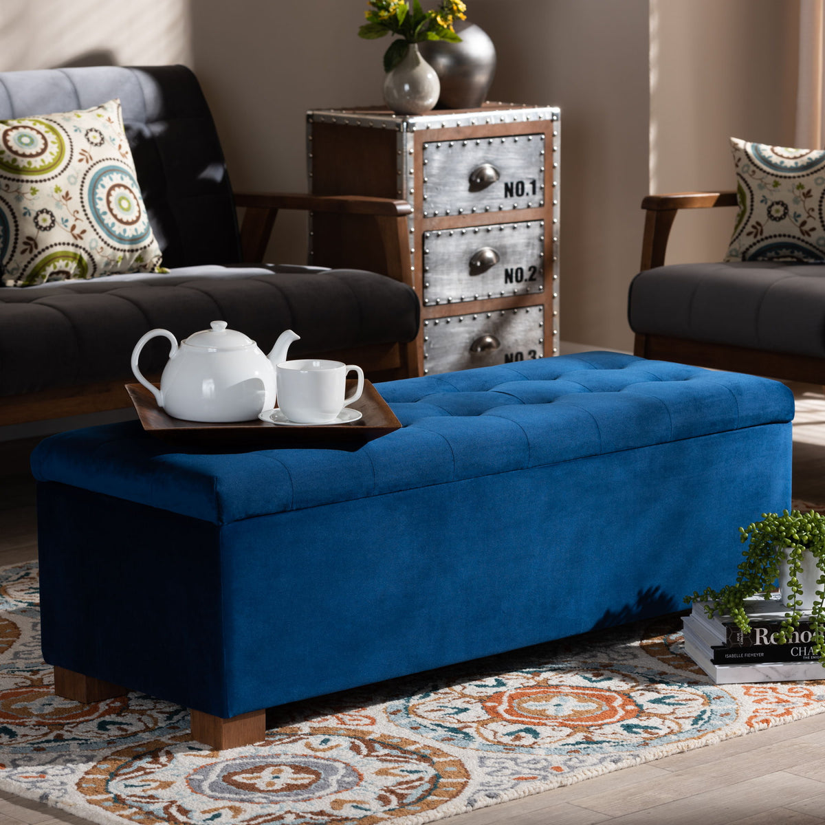 RoaNoke Modern and Contemporary Navy Blue Velvet Fabric Upholstered Grid-Tufted Storage Ottoman Bench