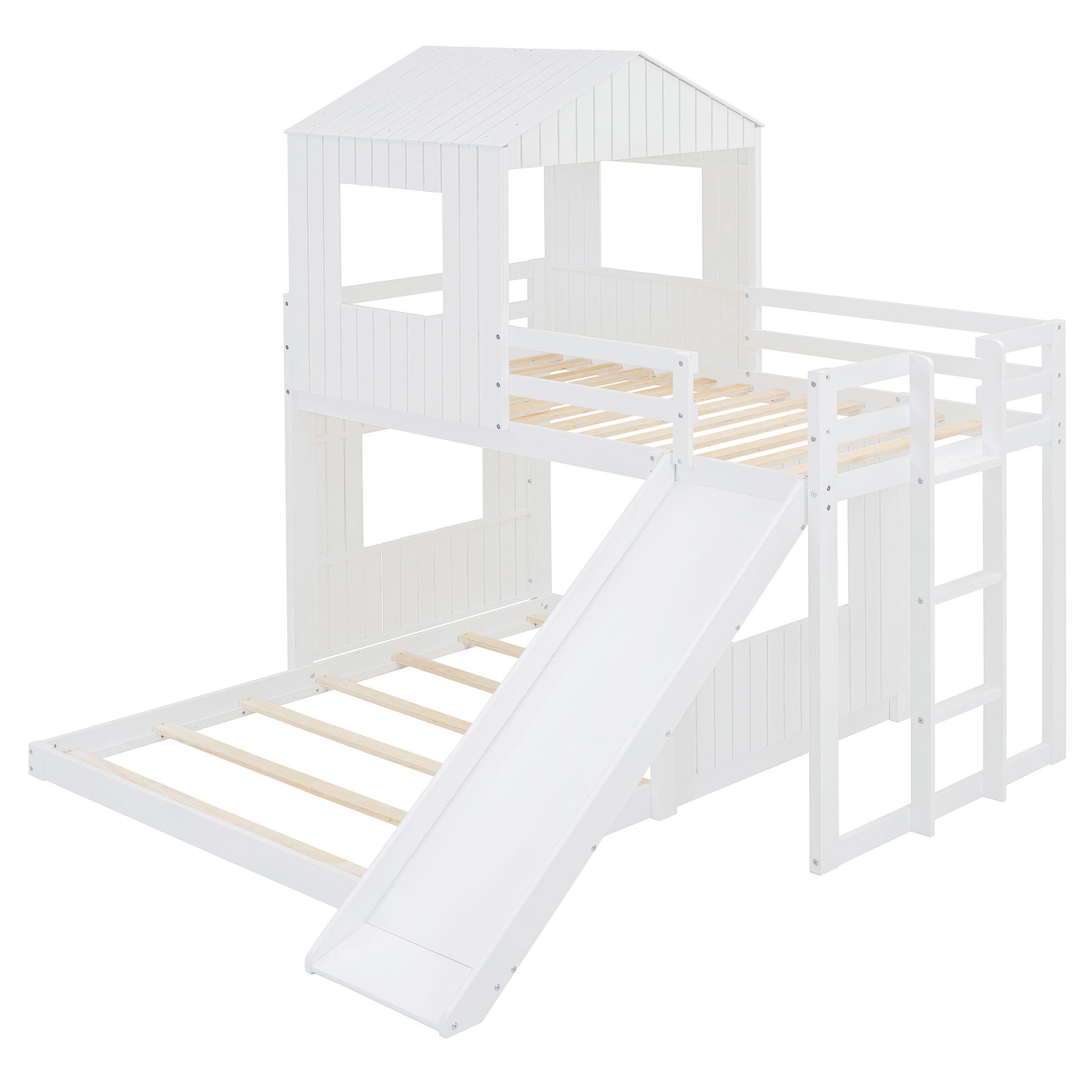 Loft Bunk Bed With Playhouse, Farmhouse, Ladder, Slide And Guardrails