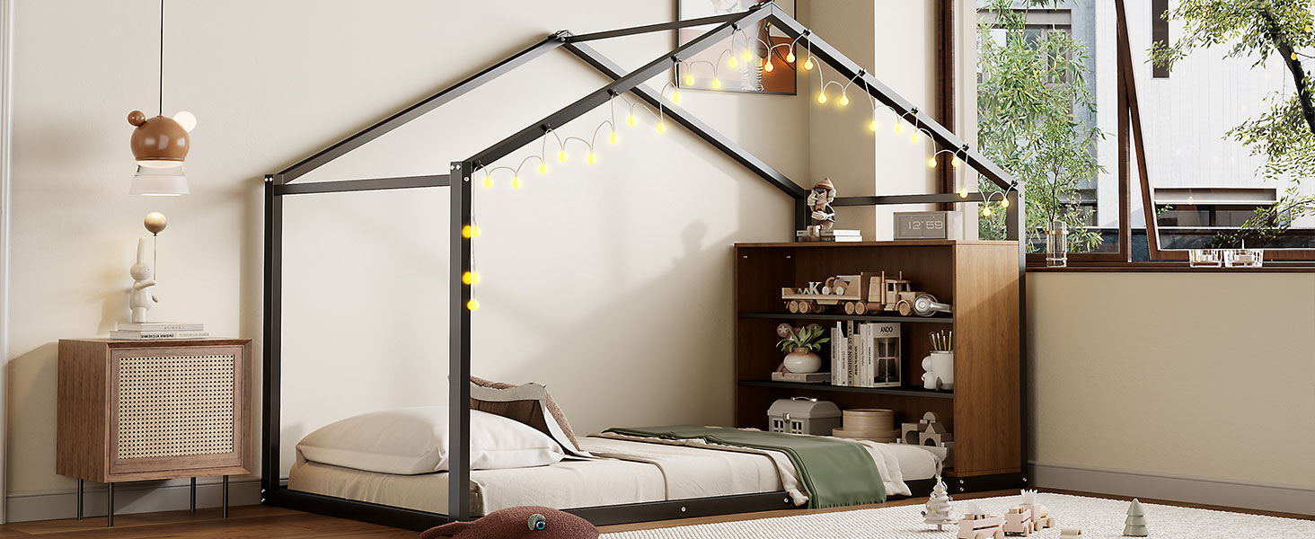 Bed House Frame With Shelves And Lights