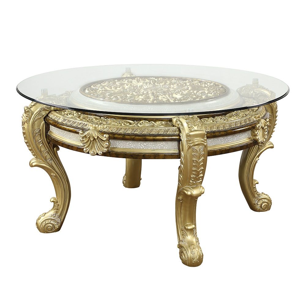 ACME Desiderius - Round Dining Table - Antique Gold & Hand-Painted Brown | Meri Furniture