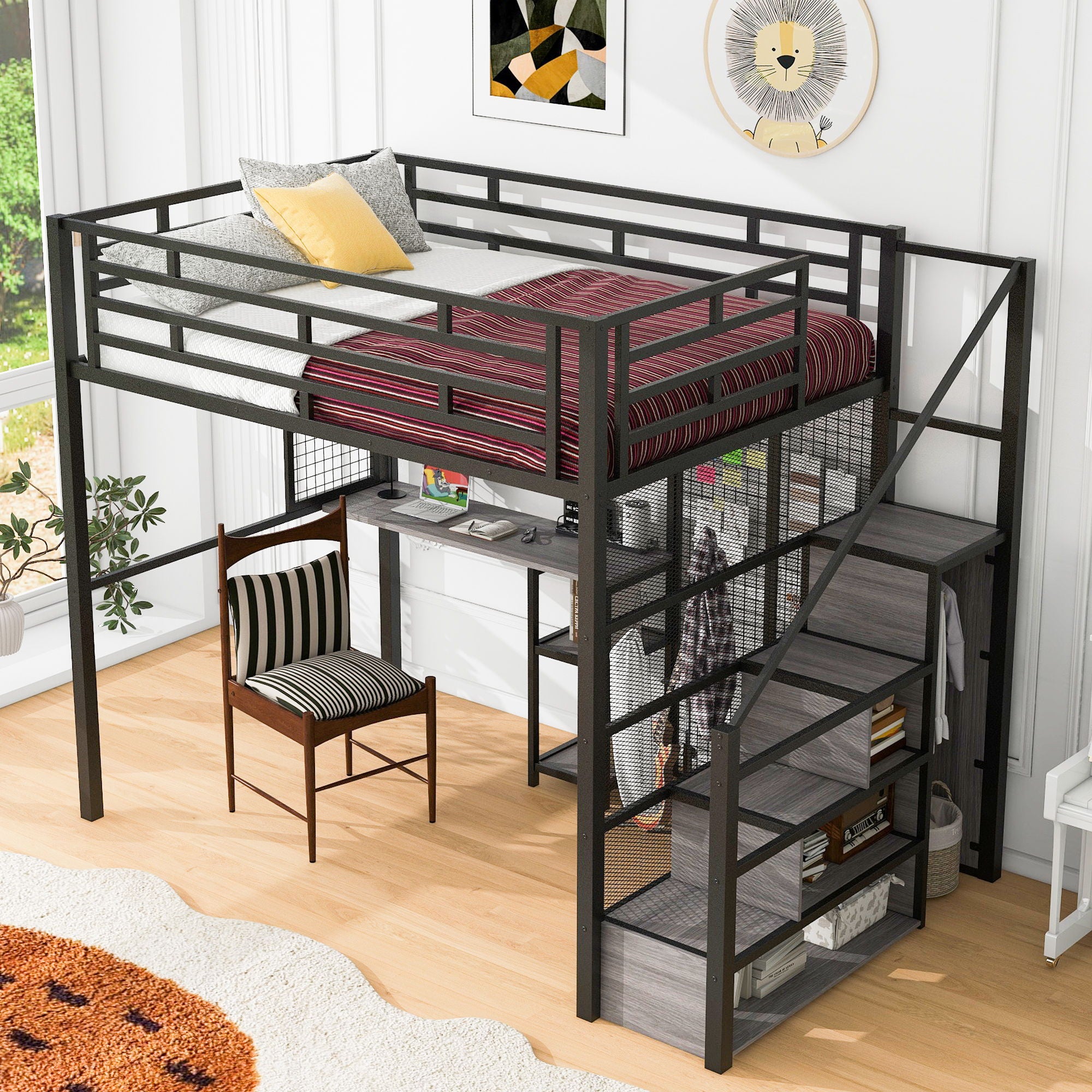 Metal Loft Bed With Wardrobe, Desk, Storage Shelves
