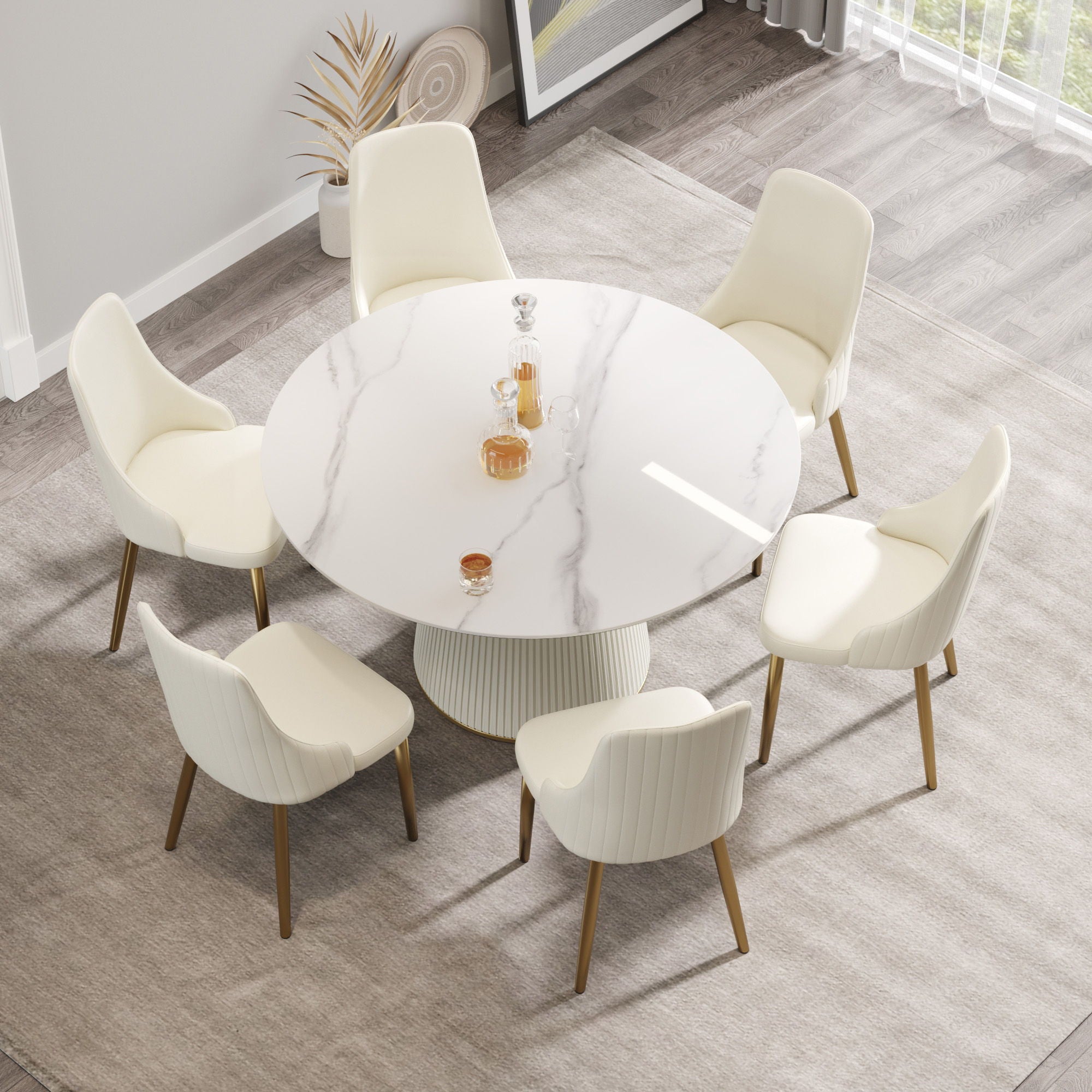 Modern Artificial Stone Round Plywood Base Dining Table, Can Accommodate 6 People, (Not Including Chairs) - White / Beige