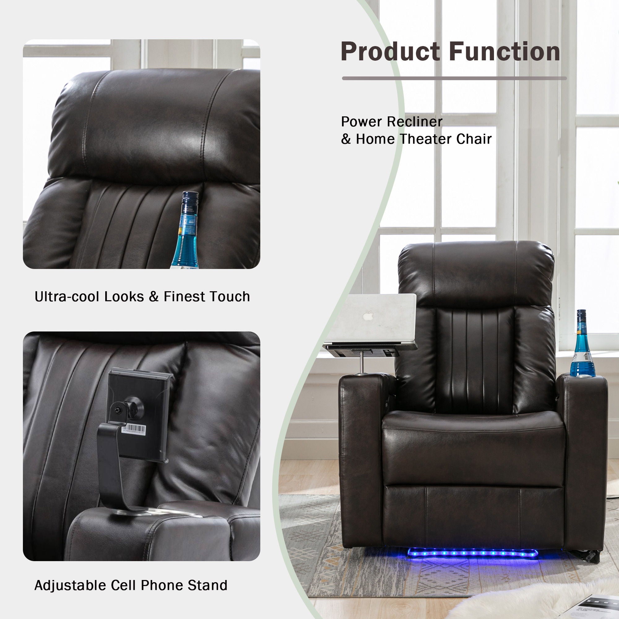 Power Recliner With Storage Arms, Cupholders, Swivel Tray Table And Cell Phone Stand - Brown