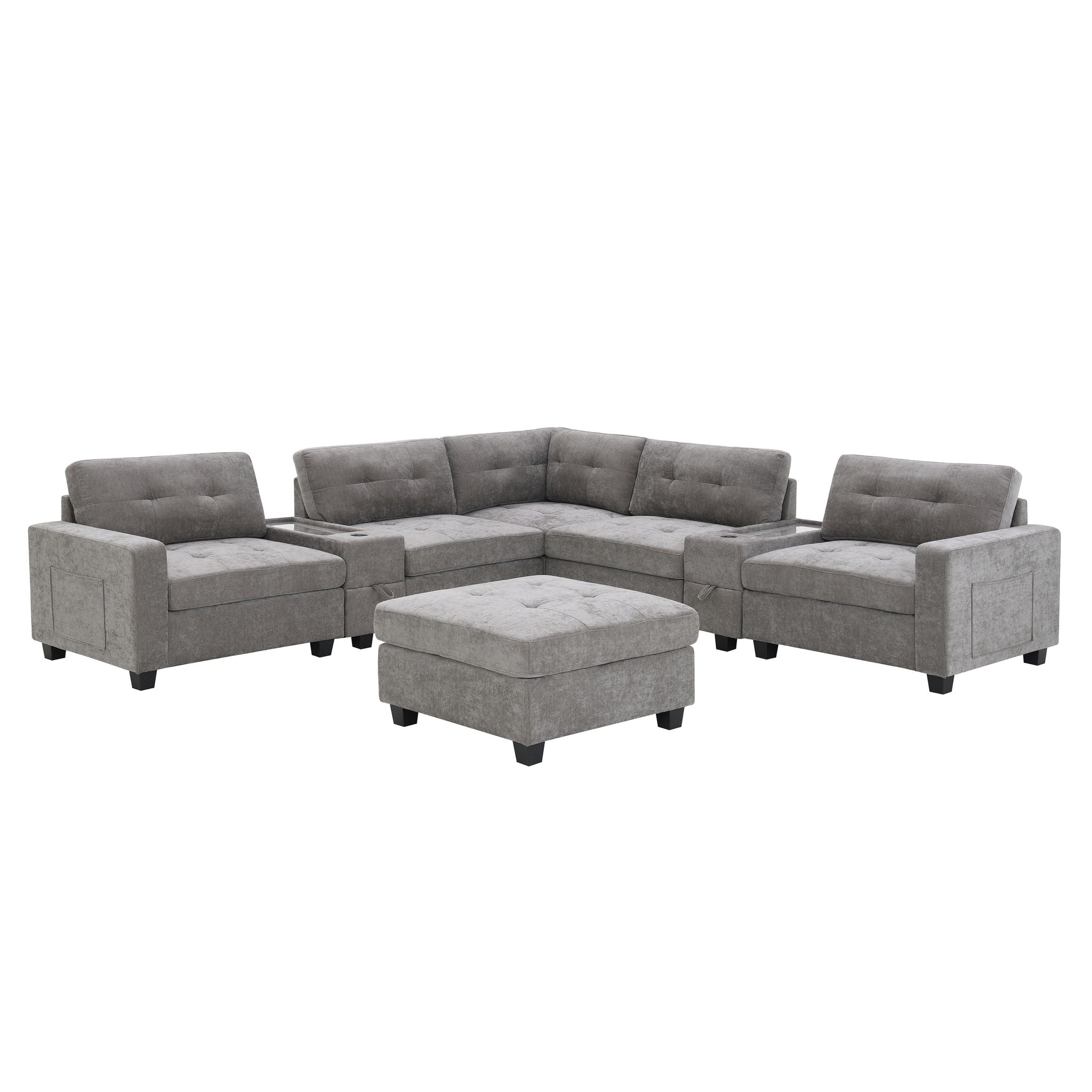 Sectional With Acrylic Table Top U Shaped Couch Set With 2 Consoles USB Charger, Storage Drawers And Pockets Movable Ottoman Tufted Sofa