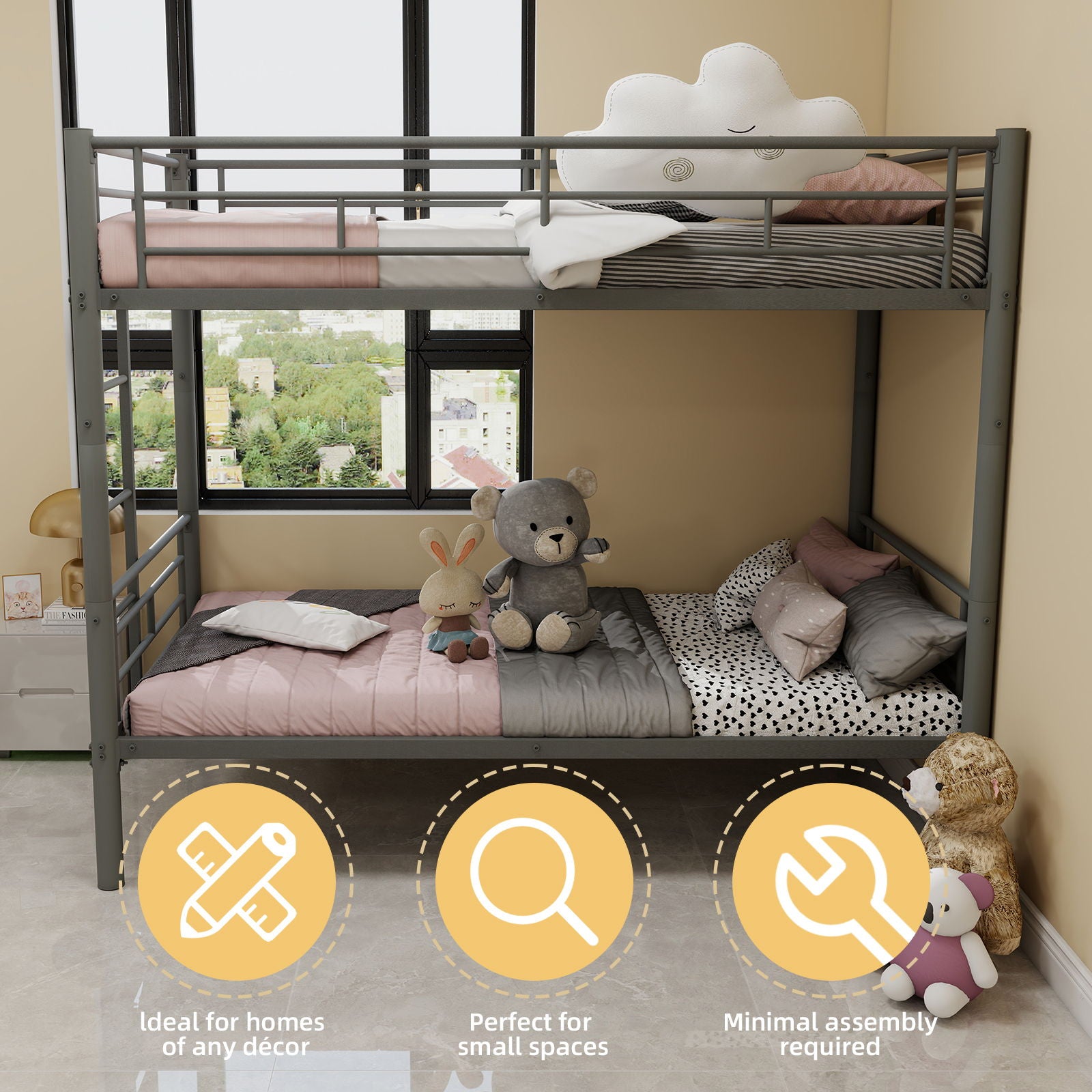 Metal Bunk Bed For Kids, Convertible Bedframe With Ladders & Guardrail