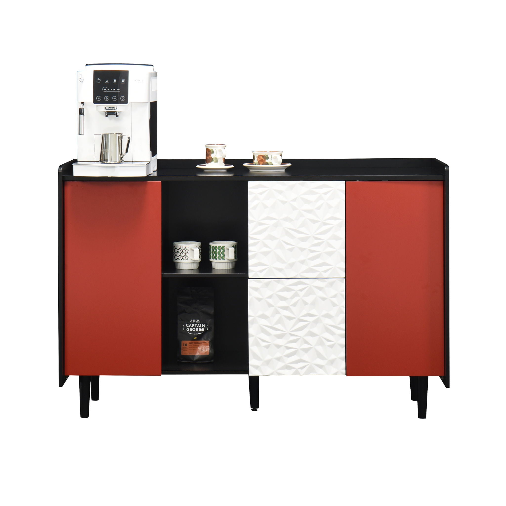 Modern Sideboard Buffet Cabinet With Red Doors And Unique Panel Styling