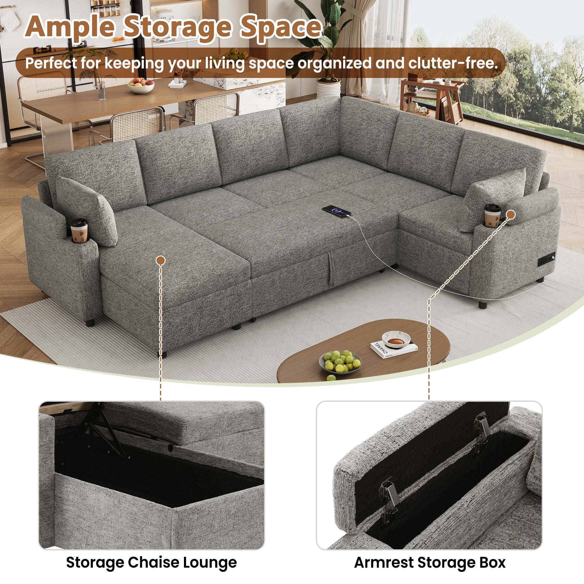 U-Shaped Sectional Sleeper Sofa With Ample Storage Space, 2 Cup Holders And Charging Ports For Living Room