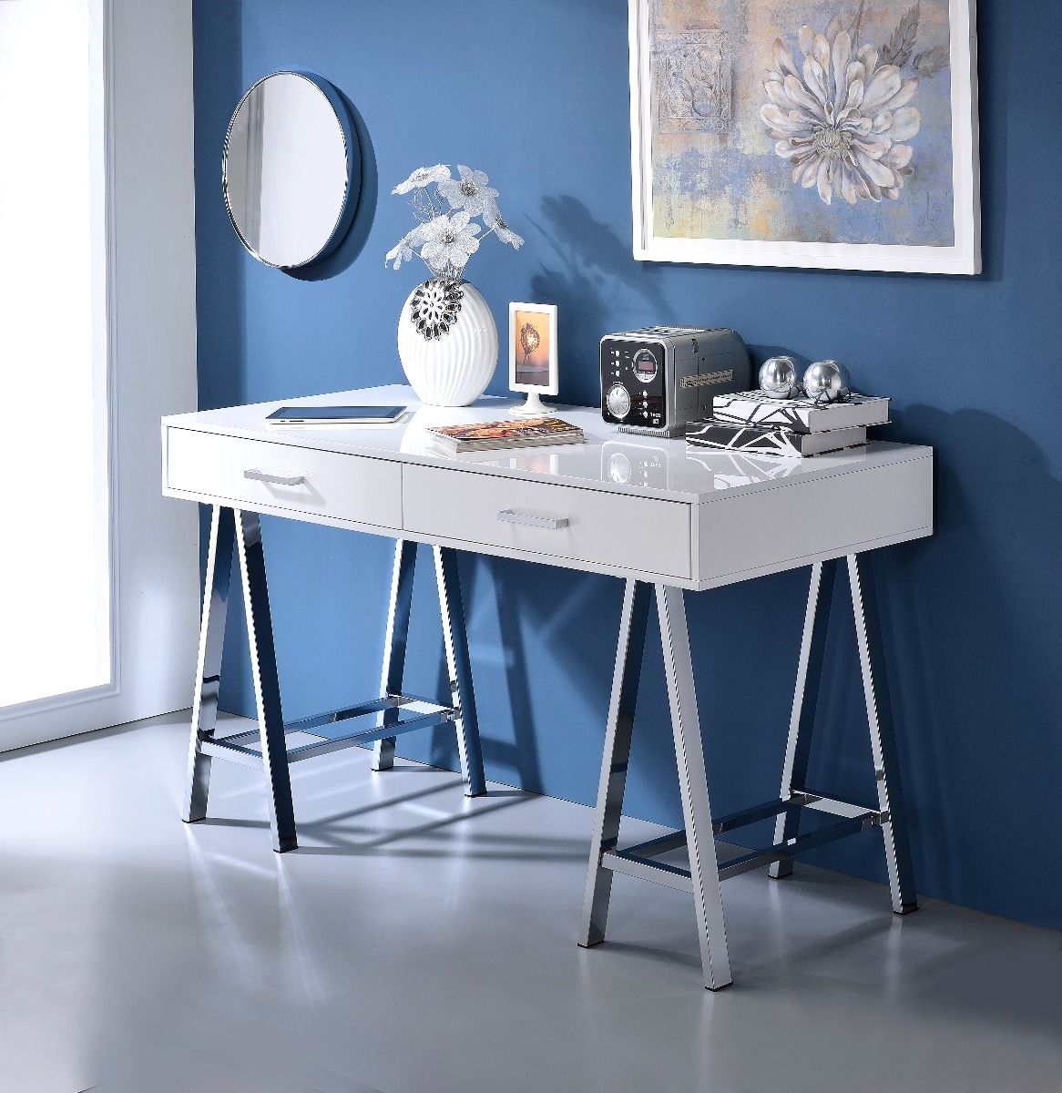 ACME Coleen - Desk - White High Gloss & Chrome Finish | Meri Furniture