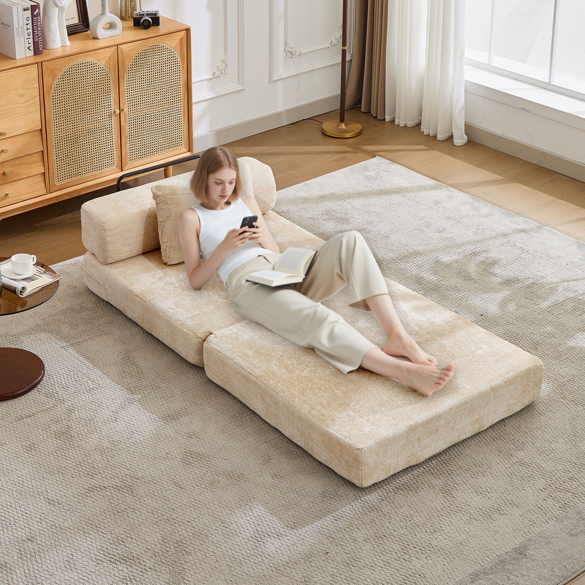 Convertible Floor Sofa Bed With Fixed Shape Frame For Living Room