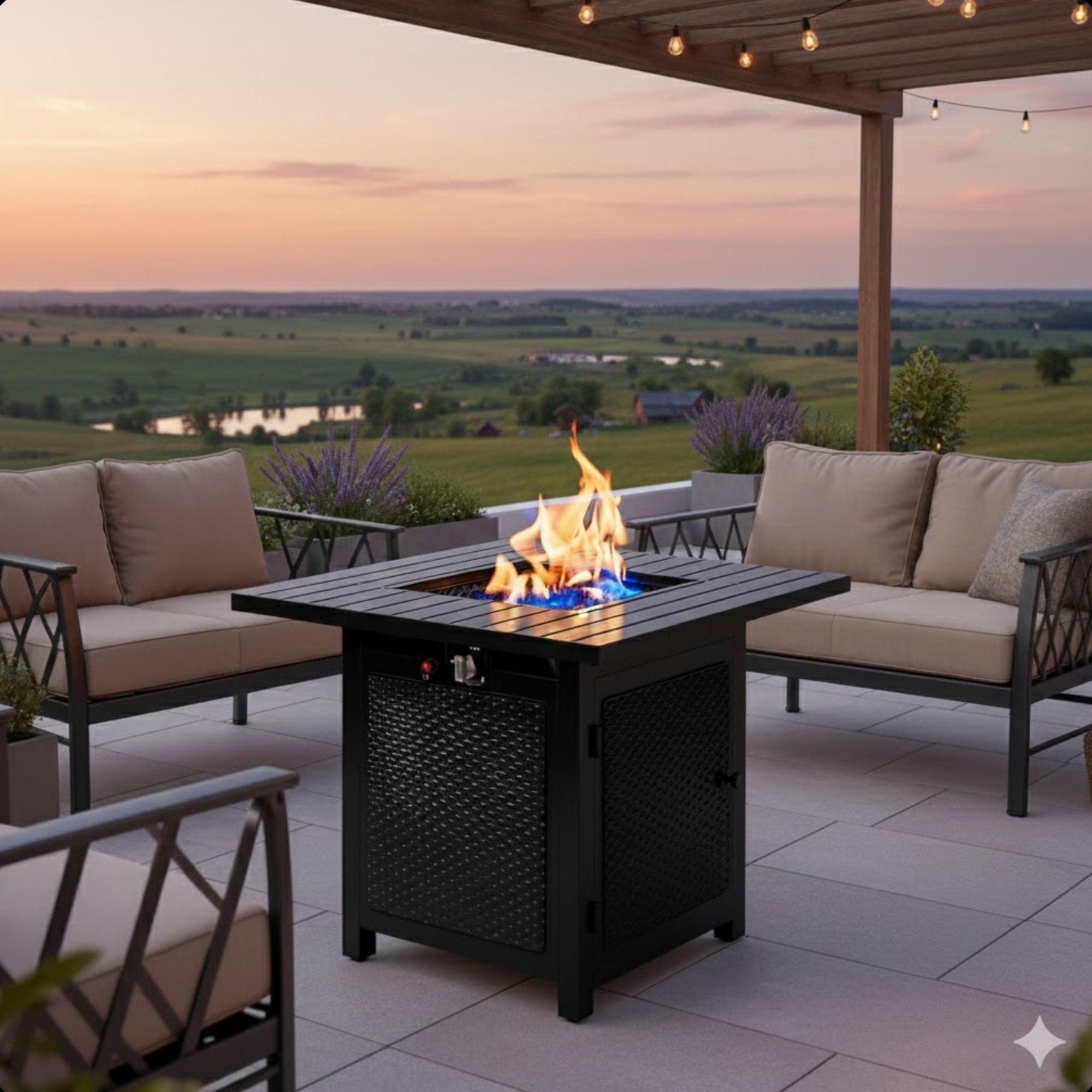 Outdoor 2 In 1 Propane Fire Pit Table With Dual Burners, Lava Rocks And Waterproof Cover - Black