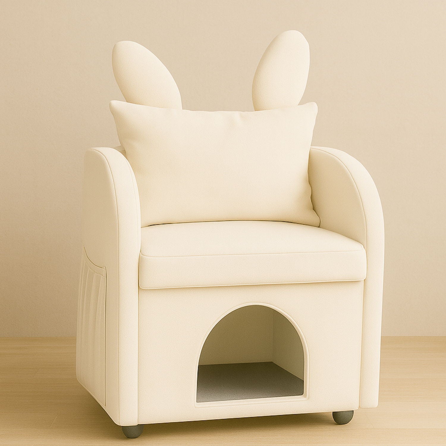 Bunny Ear Pet Friendly Armchair With Hidden Pet House With Storage Pocket For Bedroom & Living Room - Beige