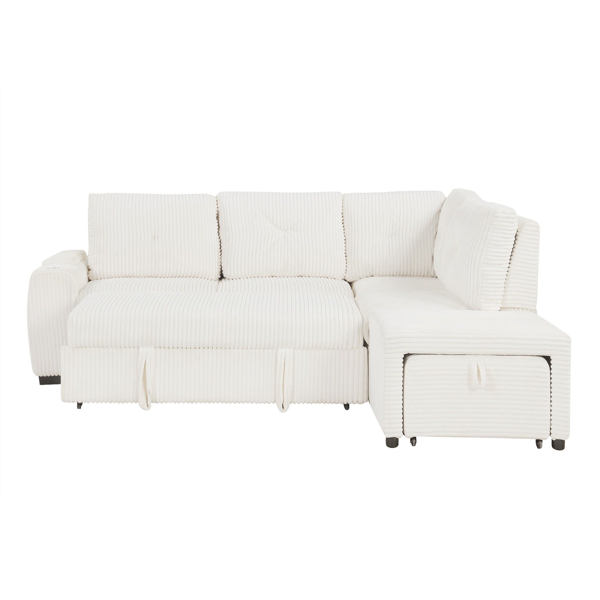 Pull-Out L-Shaped Sectional Sofa With Movable Ottoman And Stool, Large Storage Space, A Cup Holder, And 2 USB Ports For Living Room