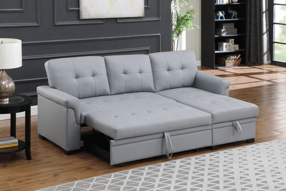 Lucca 84"W Gray Vegan Leather Modern Reversible Sleeper Sectional Sofa with Storage Chaise